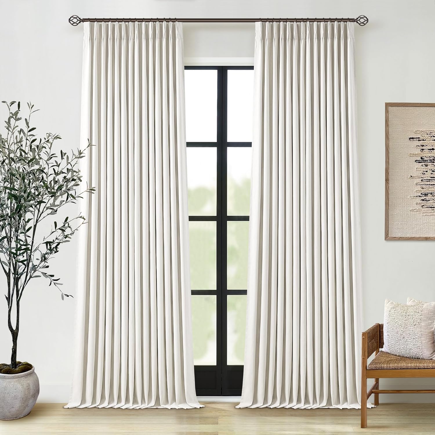 102 Inches Long Pinch Pleated Linen Blackout Curtains for Bedroom Back Tab Track Memory Trained Shape Farmhouse Light Blocking Curtains 102 Inch Length for Living Dining Room Darkening Drapes Cream