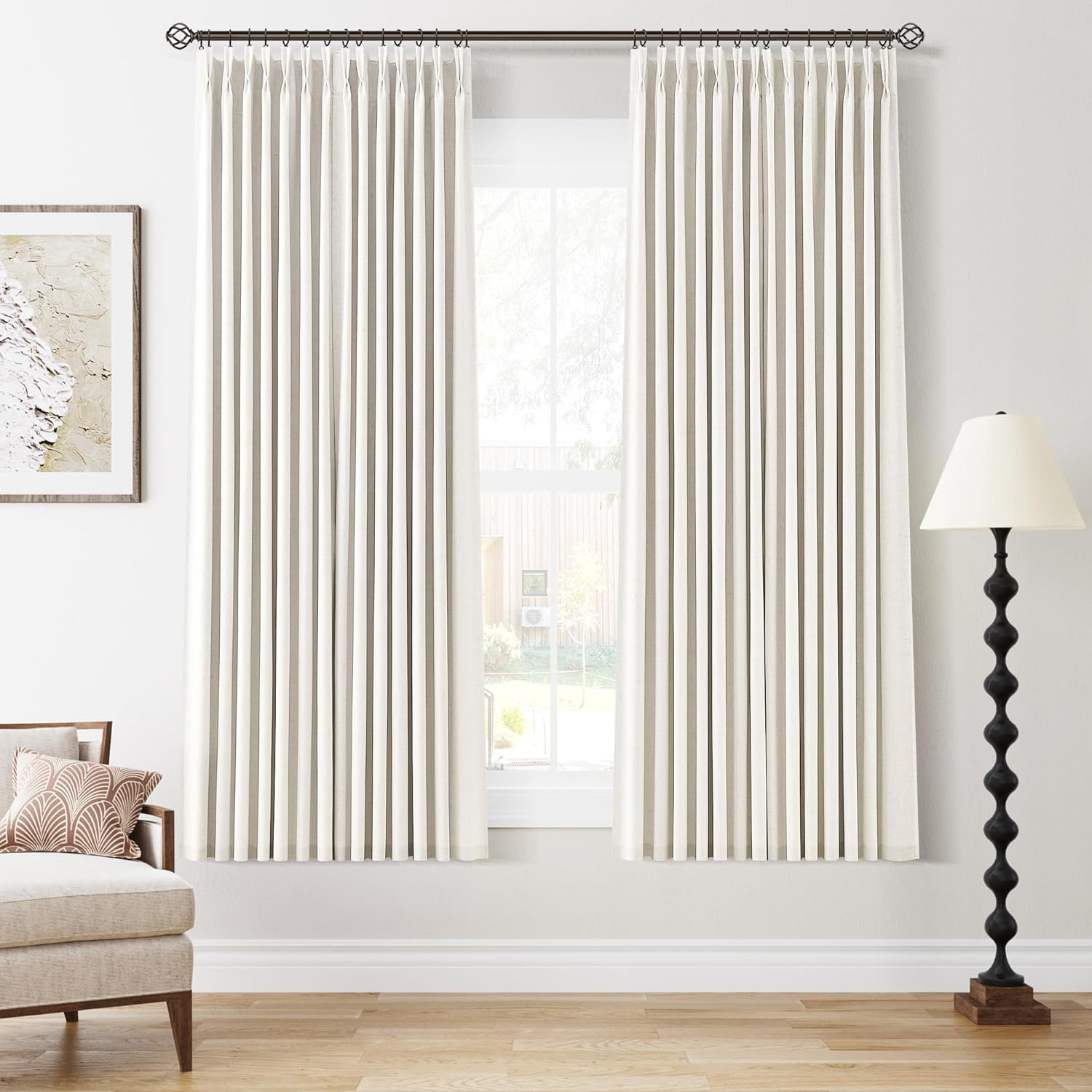 100% Blackout Pinch Pleated Curtains Linen 90 Inches Long for Bedroom 2 Panels Set Full Black Out Thermal Insulated Curtain Natural Boho Farmhouse Pinch Pleat Double Layer Room Darkening Drapes Cream