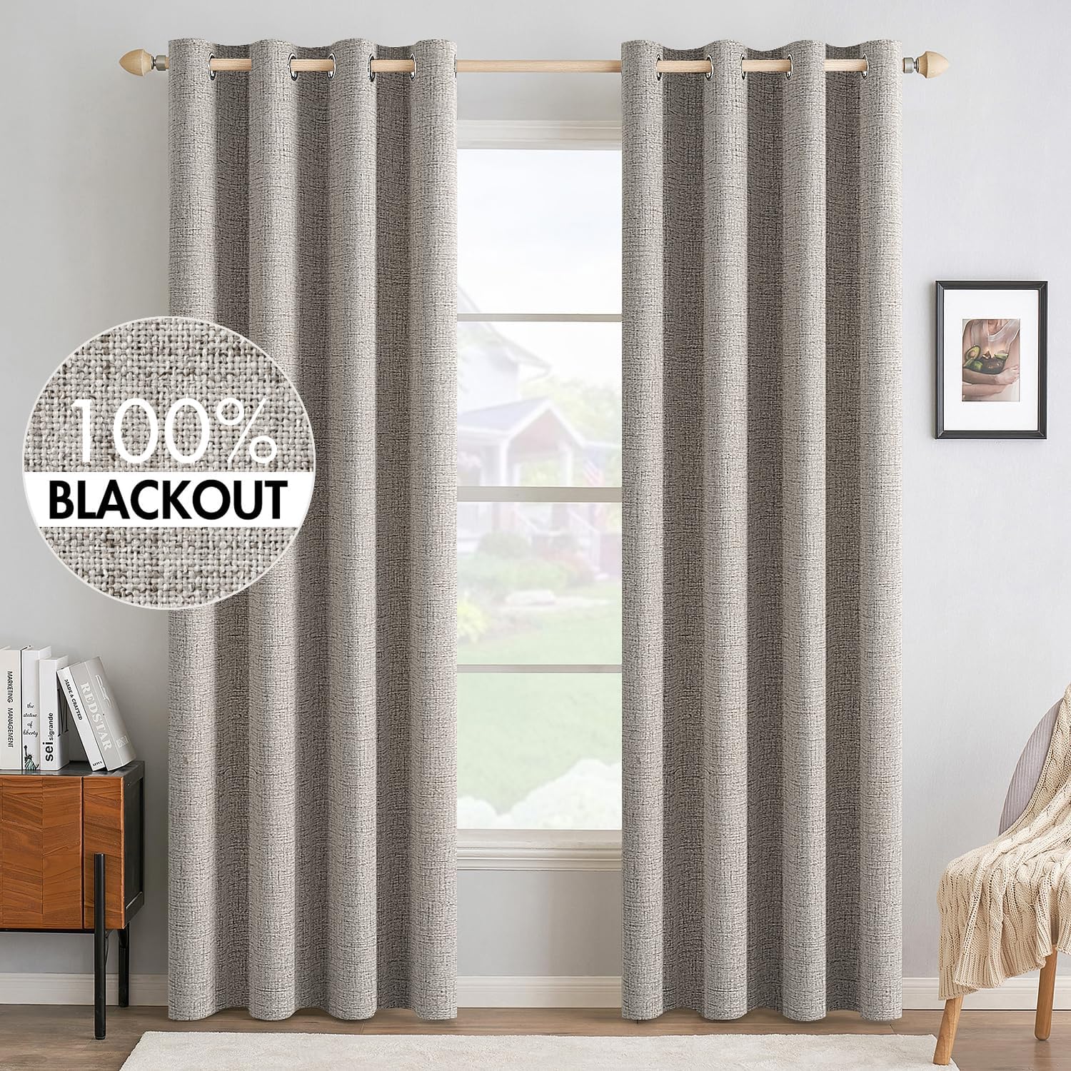 MIULEE 100% Blackout Linen Textured Curtains for Bedroom Solid Thermal Insulated Copper Brown Grommet Room Darkening Curtains & Drapes Luxury Decor for Living Room Nursery 52 x 84 Inch (2 Panels)
