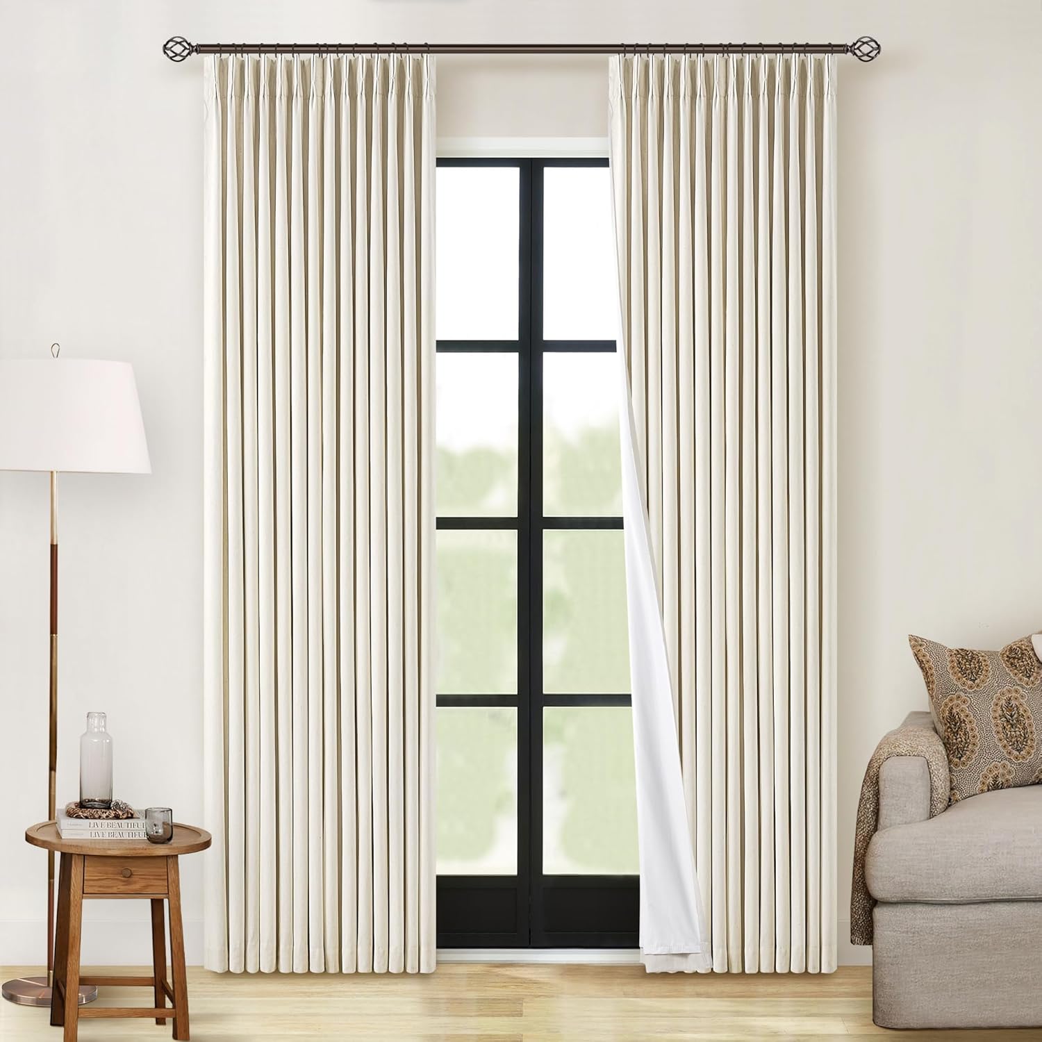 102 Inches Long Pinch Pleated Linen Blackout Curtains for Bedroom Back Tab Track Memory Trained Shape Farmhouse Light Blocking Curtains 102 Inch Length for Living Dining Room Darkening Drapes Cream