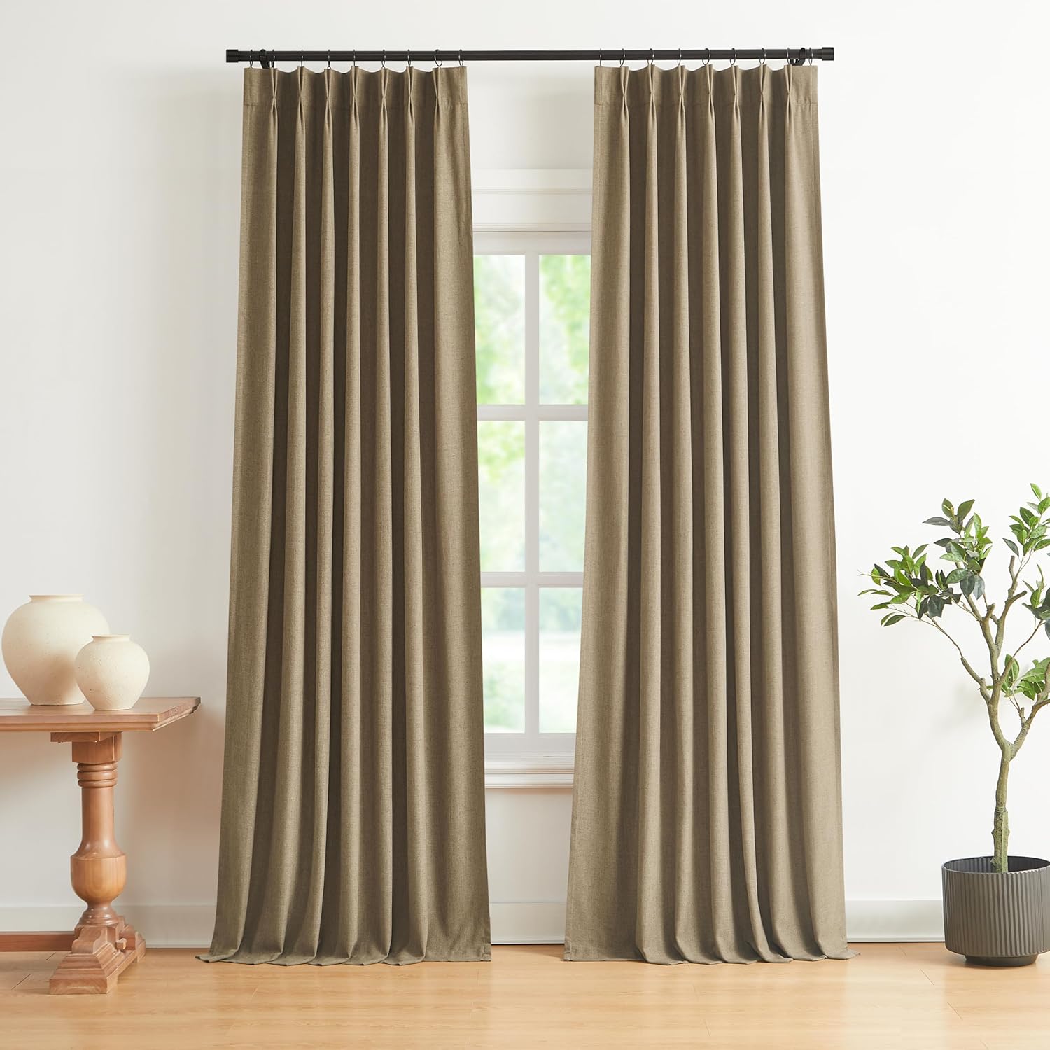 Vision Home Natural Pinch Pleated Full Blackout Curtains Linen Blended Room Darkening Window Curtains 90 inch for Living Room Bedroom Thermal Insulated Pinch Pleat Drapes with Hooks 2 Panel 40"Wx90"L