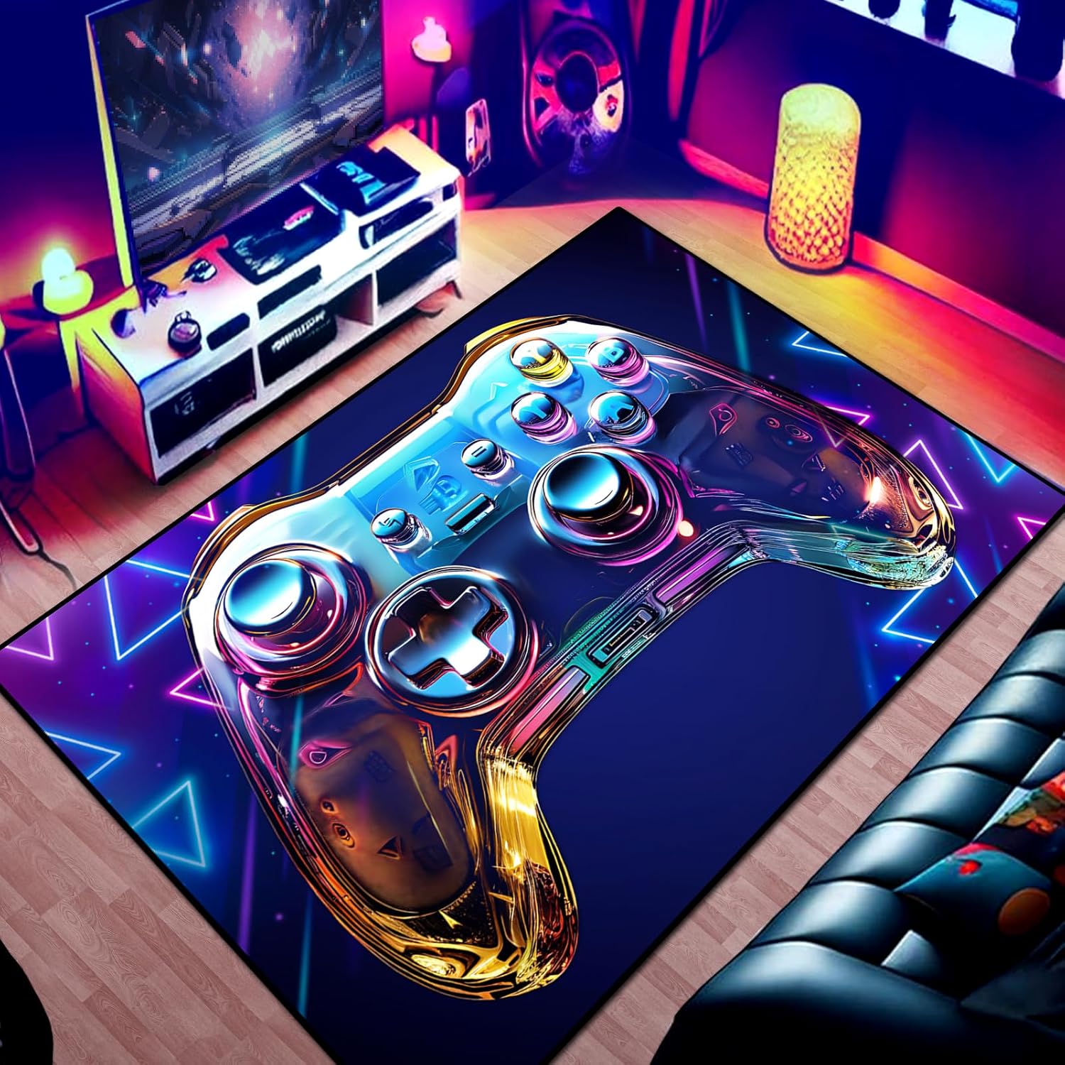 Gaming Area Rug Teen Boys Carpet, Transparent Gamepad and Colorful Lighting Background Game Controller Design for Game Room, Gaming Room, Boys Girls Bedroom Playroom, Living Room (79" x 59")