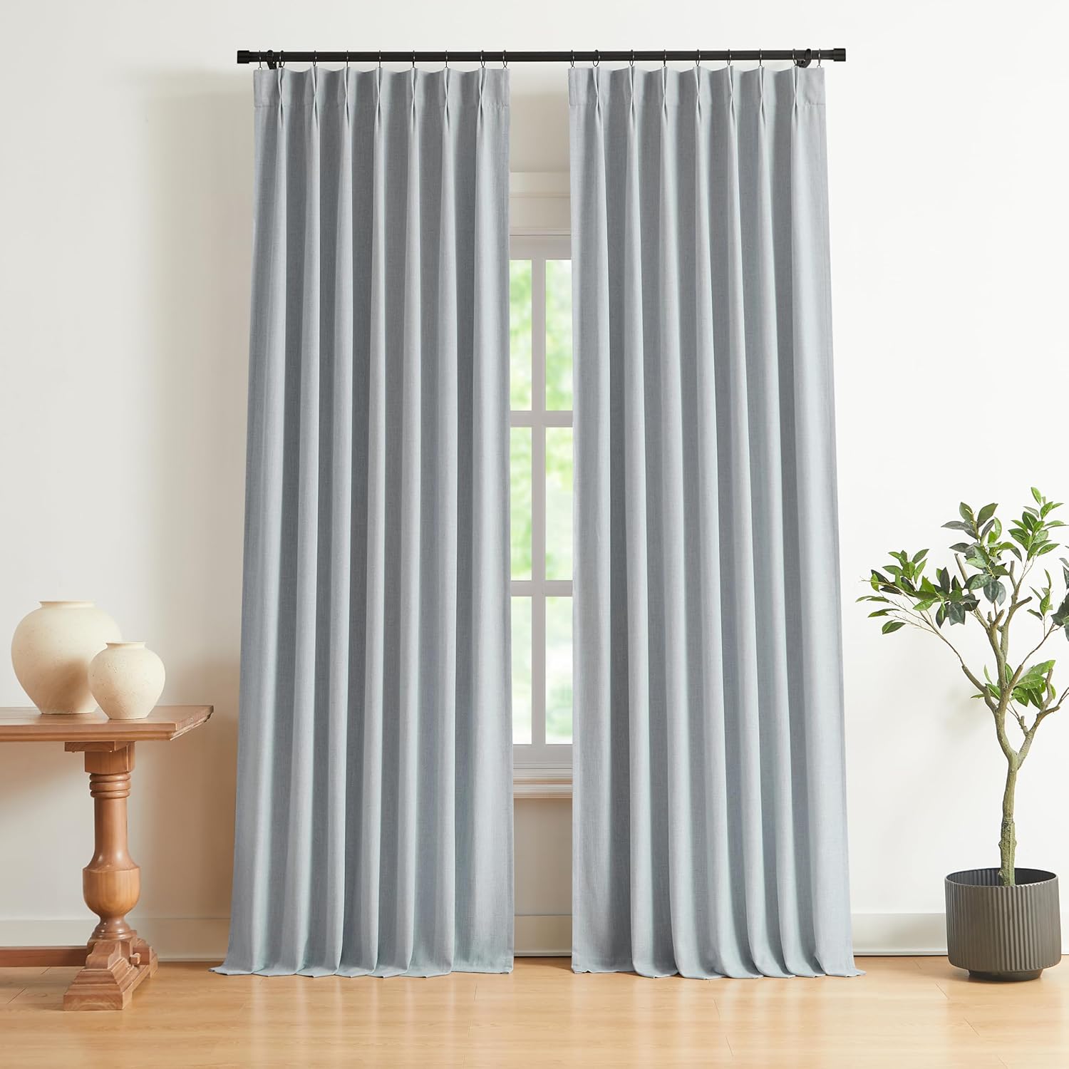 Vision Home Natural Pinch Pleated Full Blackout Curtains Linen Blended Room Darkening Window Curtains 90 inch for Living Room Bedroom Thermal Insulated Pinch Pleat Drapes with Hooks 2 Panel 40"Wx90"L