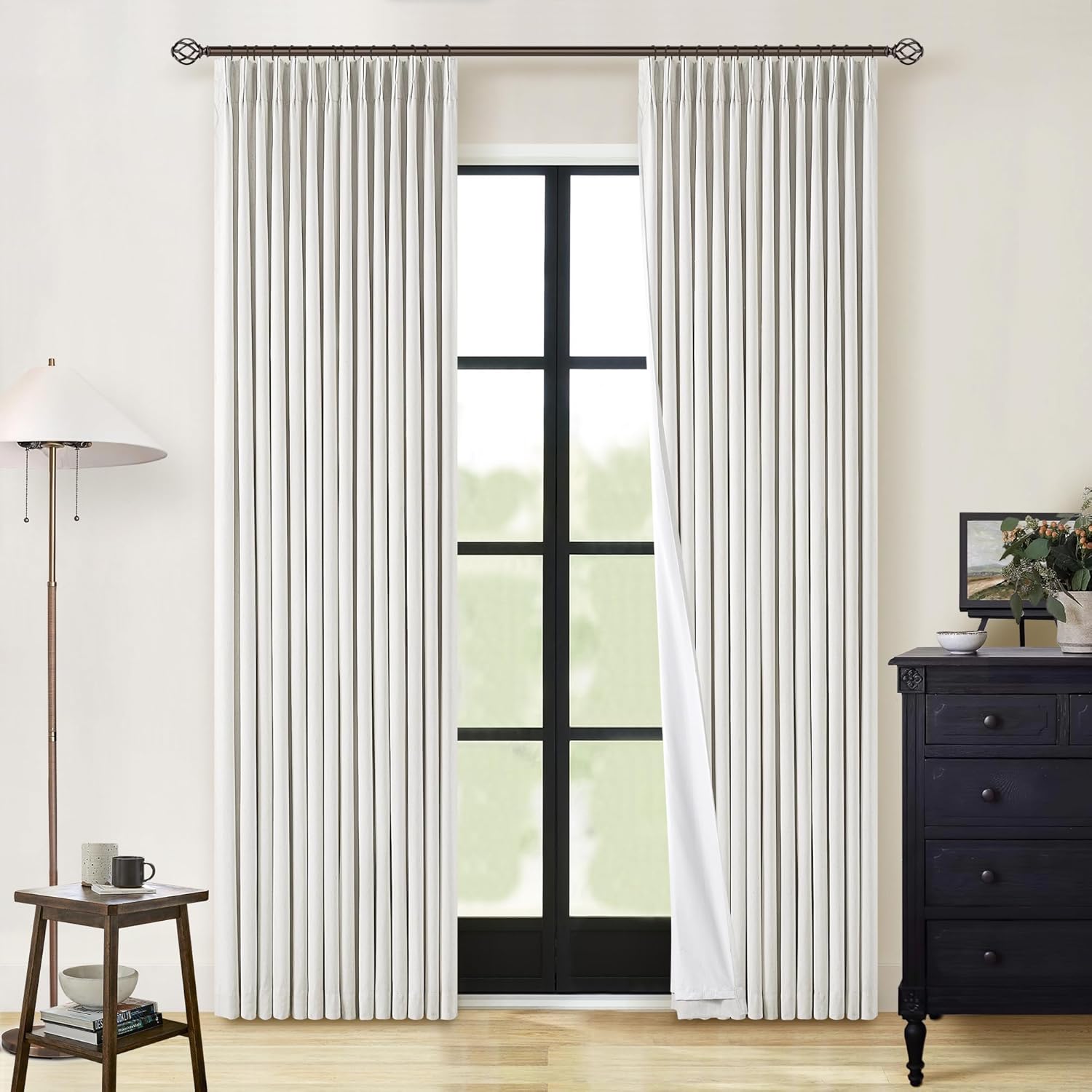 102 Inches Long Pinch Pleated Linen Blackout Curtains for Bedroom Back Tab Track Memory Trained Shape Farmhouse Light Blocking Curtains 102 Inch Length for Living Dining Room Darkening Drapes Cream