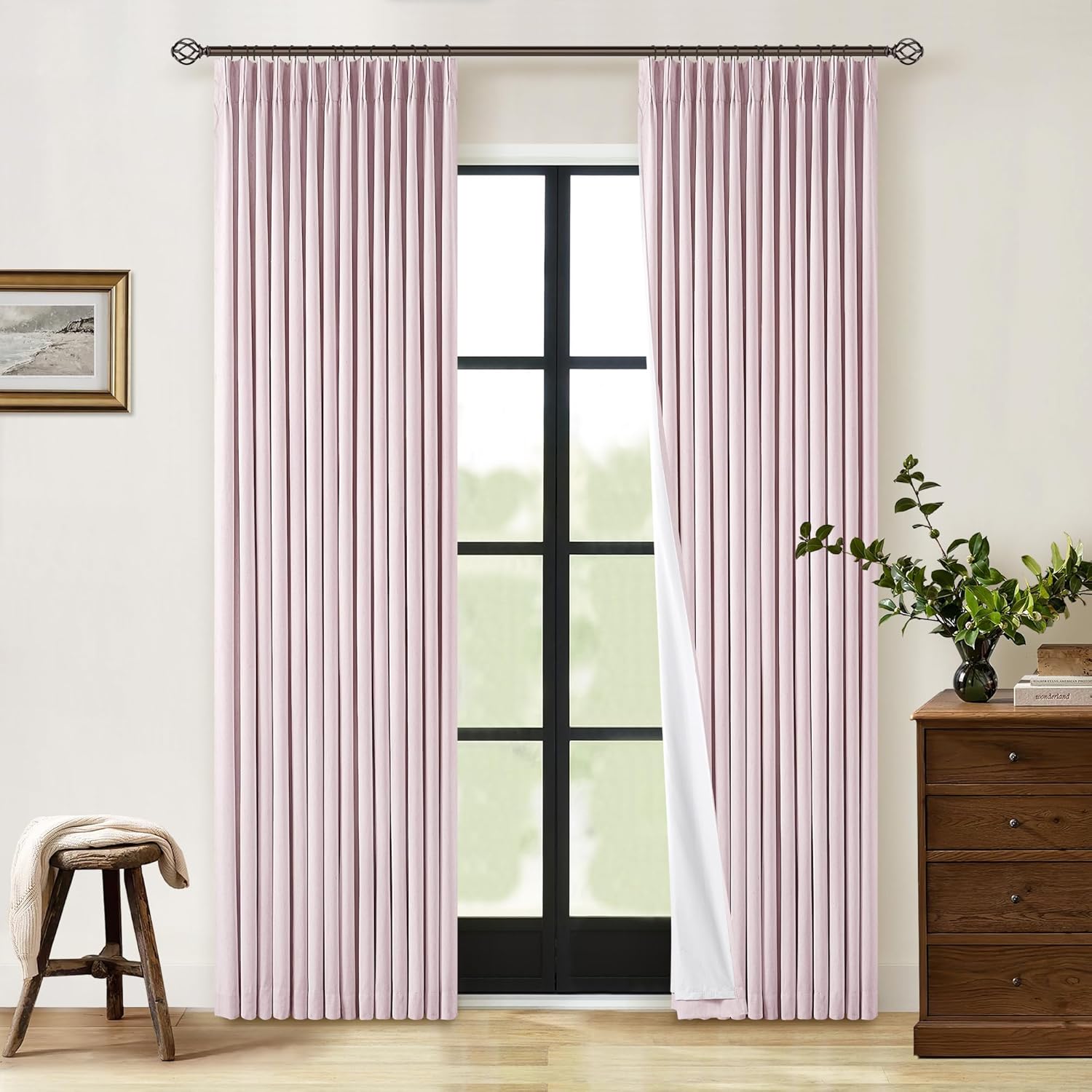 102 Inches Long Pinch Pleated Linen Blackout Curtains for Bedroom Back Tab Track Memory Trained Shape Farmhouse Light Blocking Curtains 102 Inch Length for Living Dining Room Darkening Drapes Cream