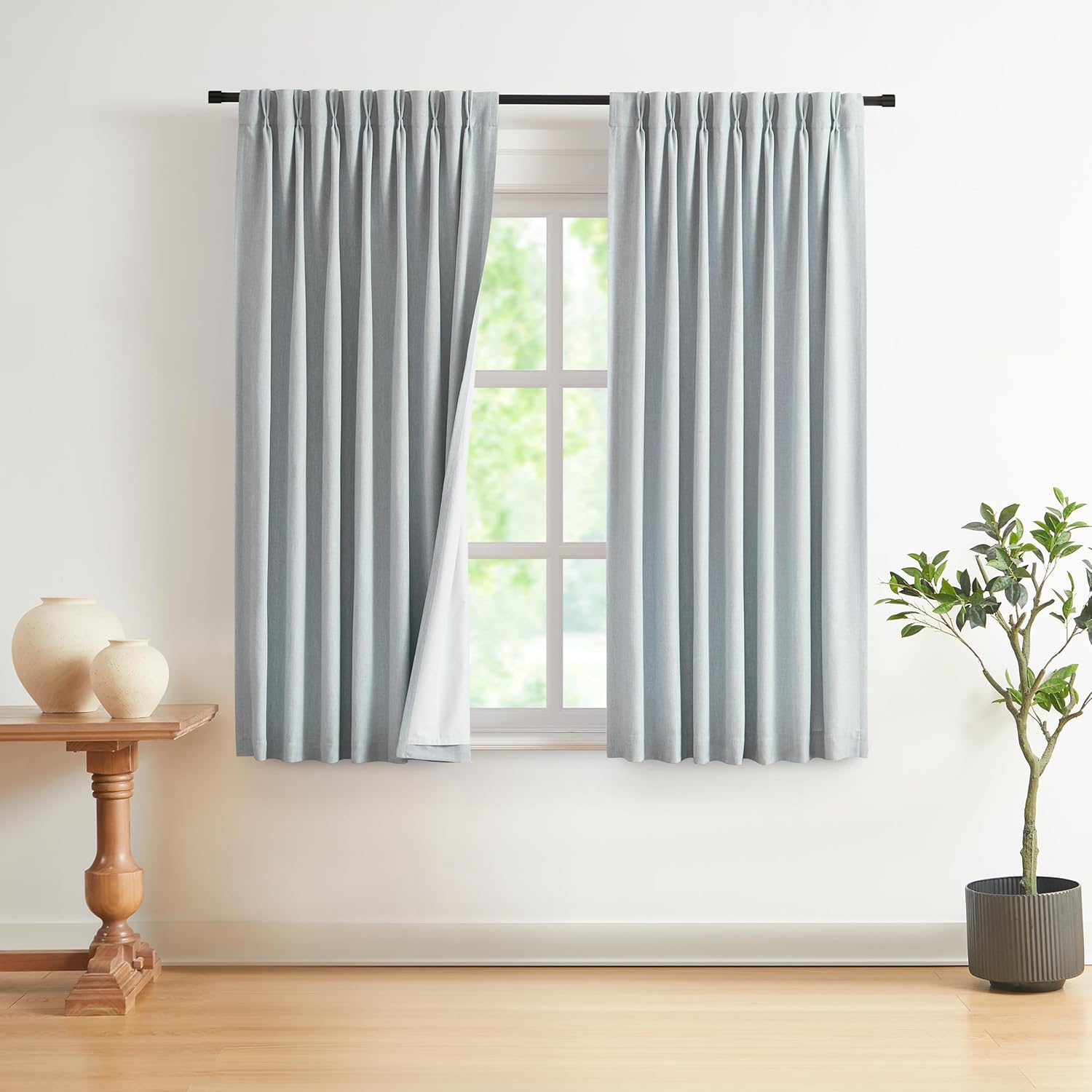 Vision Home Natural Pinch Pleated Full Blackout Curtains Linen Blended Room Darkening Window Curtains 90 inch for Living Room Bedroom Thermal Insulated Pinch Pleat Drapes with Hooks 2 Panel 40"Wx90"L