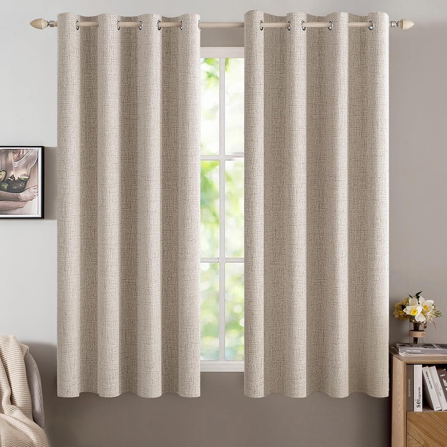 MIULEE 100% Blackout Linen Textured Curtains for Bedroom Solid Thermal Insulated Copper Brown Grommet Room Darkening Curtains & Drapes Luxury Decor for Living Room Nursery 52 x 84 Inch (2 Panels)