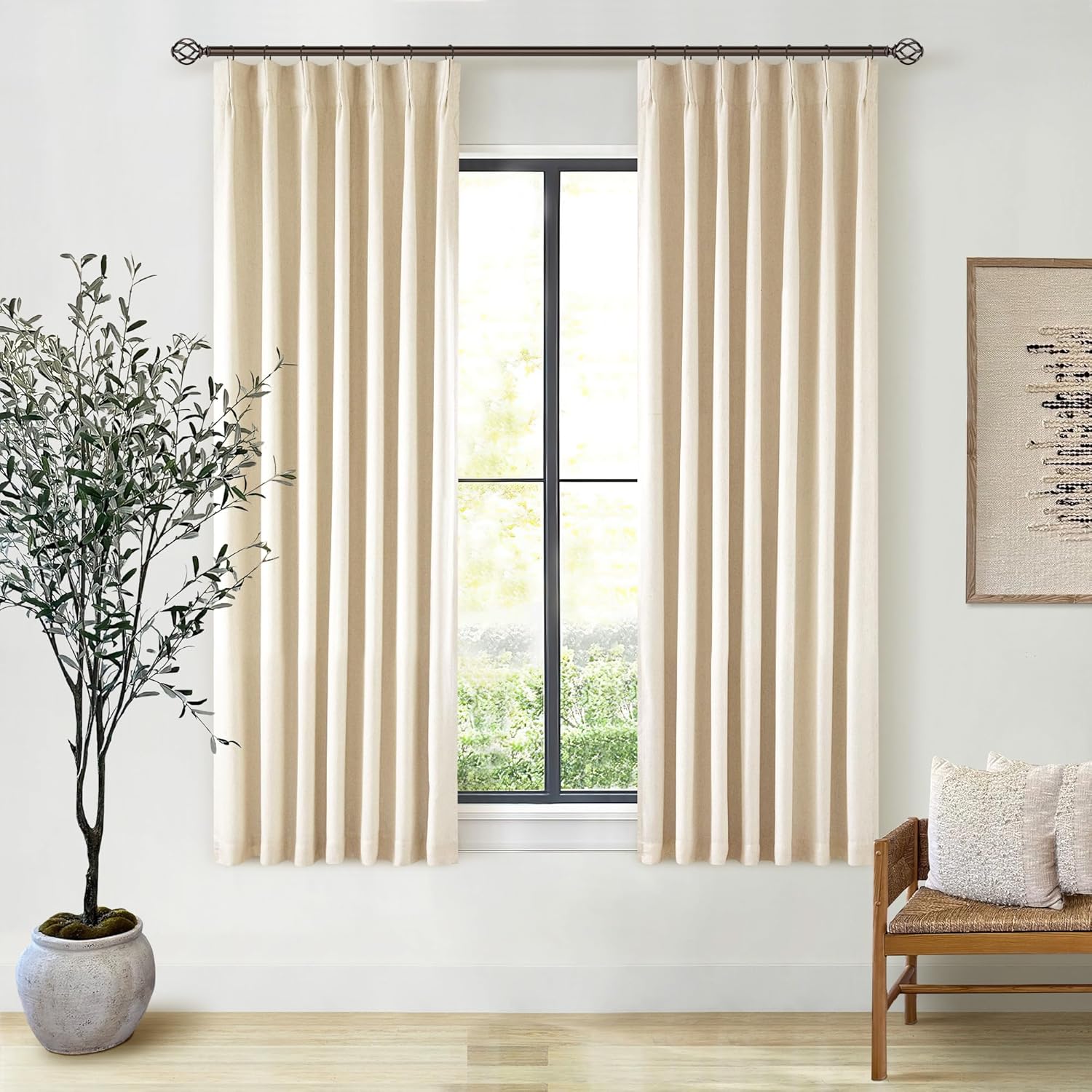 102 Inches Long Pinch Pleated Linen Blackout Curtains for Bedroom Back Tab Track Memory Trained Shape Farmhouse Light Blocking Curtains 102 Inch Length for Living Dining Room Darkening Drapes Cream