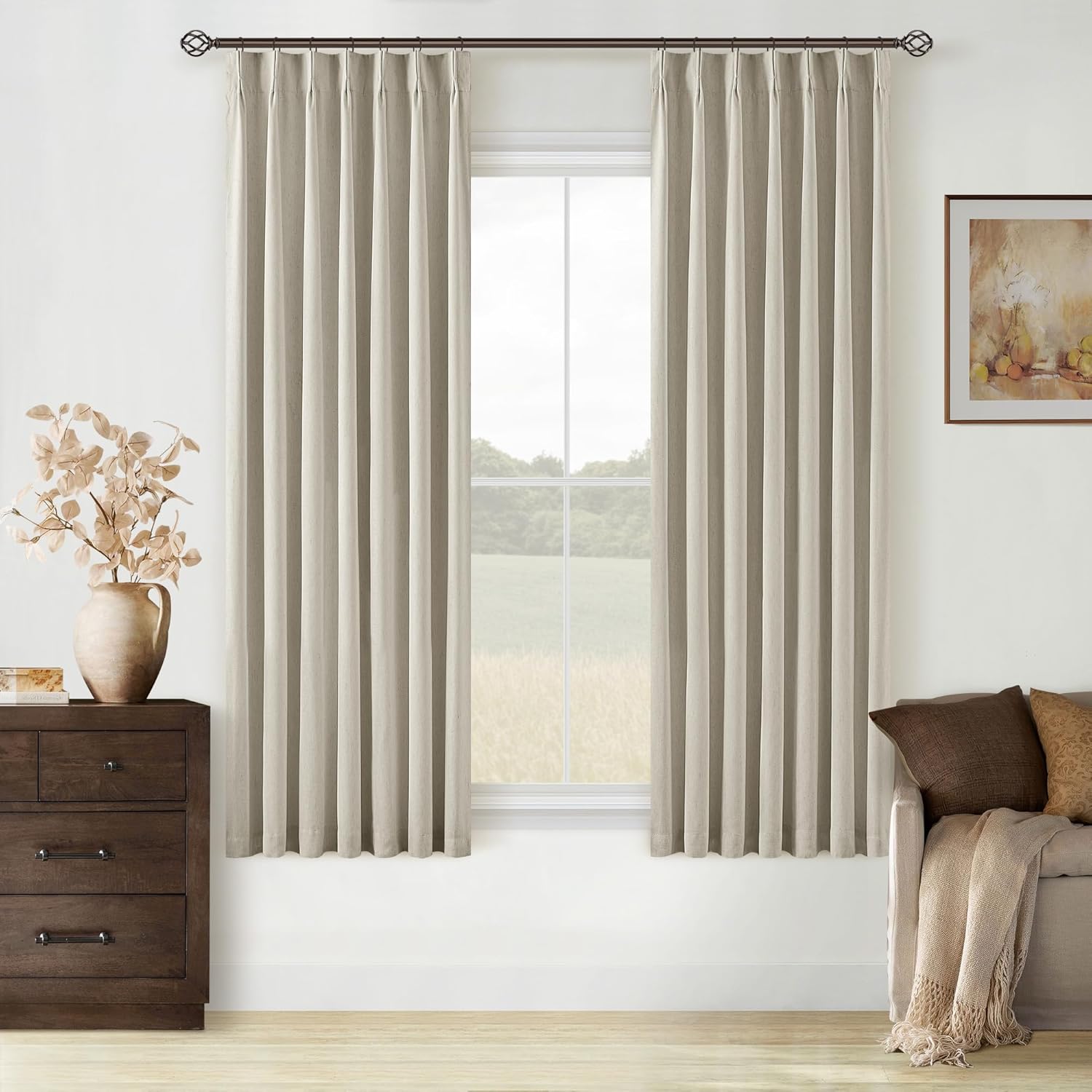 102 Inches Long Pinch Pleated Linen Blackout Curtains for Bedroom Back Tab Track Memory Trained Shape Farmhouse Light Blocking Curtains 102 Inch Length for Living Dining Room Darkening Drapes Cream