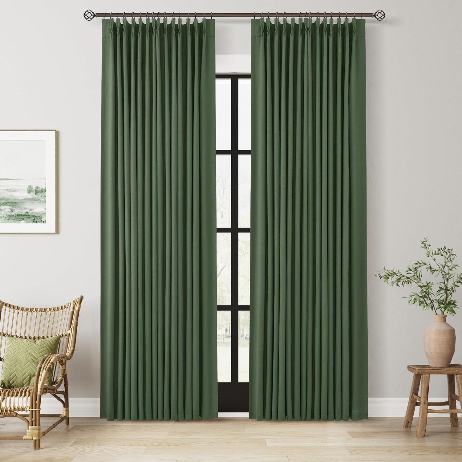 100% Blackout Pinch Pleated Curtains Linen 90 Inches Long for Bedroom 2 Panels Set Full Black Out Thermal Insulated Curtain Natural Boho Farmhouse Pinch Pleat Double Layer Room Darkening Drapes Cream