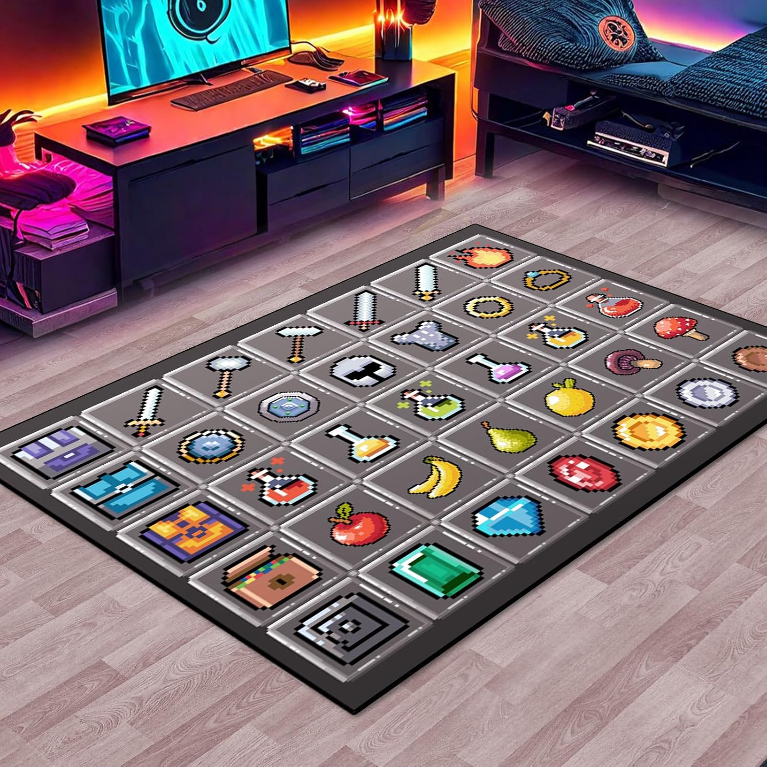 Game Rug Teen Boys Carpet with Pixel Games Element Items Decoration Mat, Weapon Medical Game Rugs for Boy’s Bedroom Living Room Playroom, Non-Slip Children Gaming Area Rugs (Grey, 79" x 59")