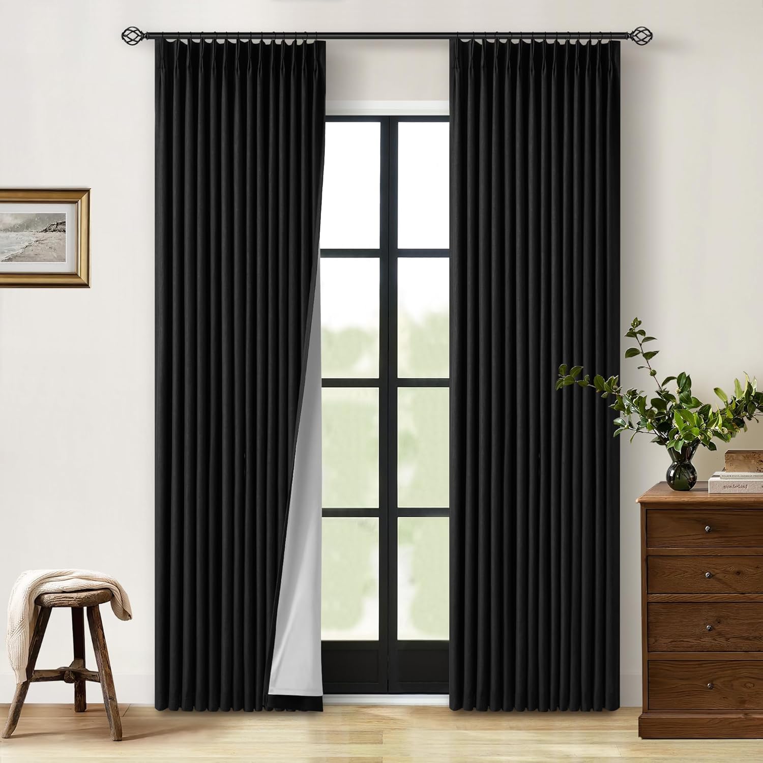 102 Inches Long Pinch Pleated Linen Blackout Curtains for Bedroom Back Tab Track Memory Trained Shape Farmhouse Light Blocking Curtains 102 Inch Length for Living Dining Room Darkening Drapes Cream