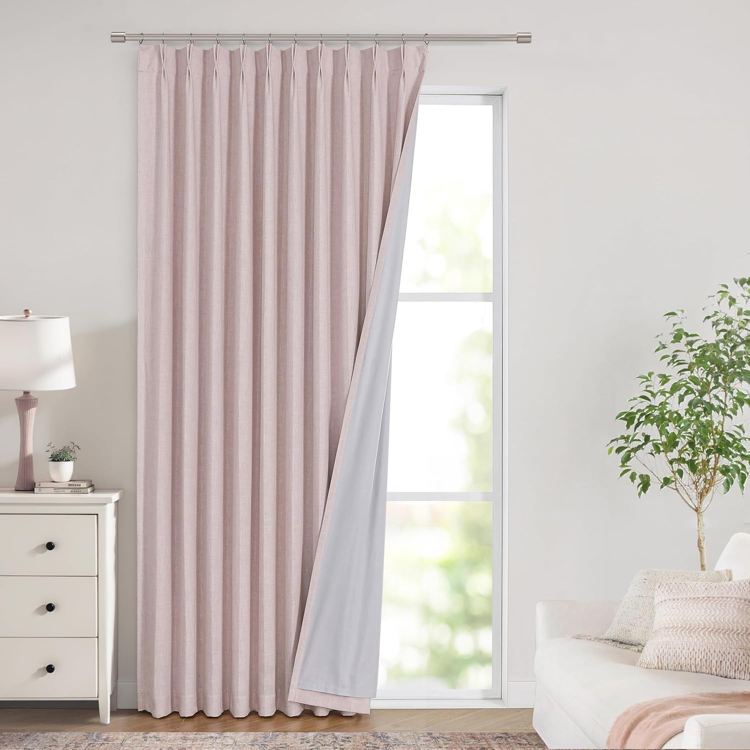 Vision Home Natural Pinch Pleated Full Blackout Curtains Linen Blended Room Darkening Window Curtains 90 inch for Living Room Bedroom Thermal Insulated Pinch Pleat Drapes with Hooks 2 Panel 40"Wx90"L