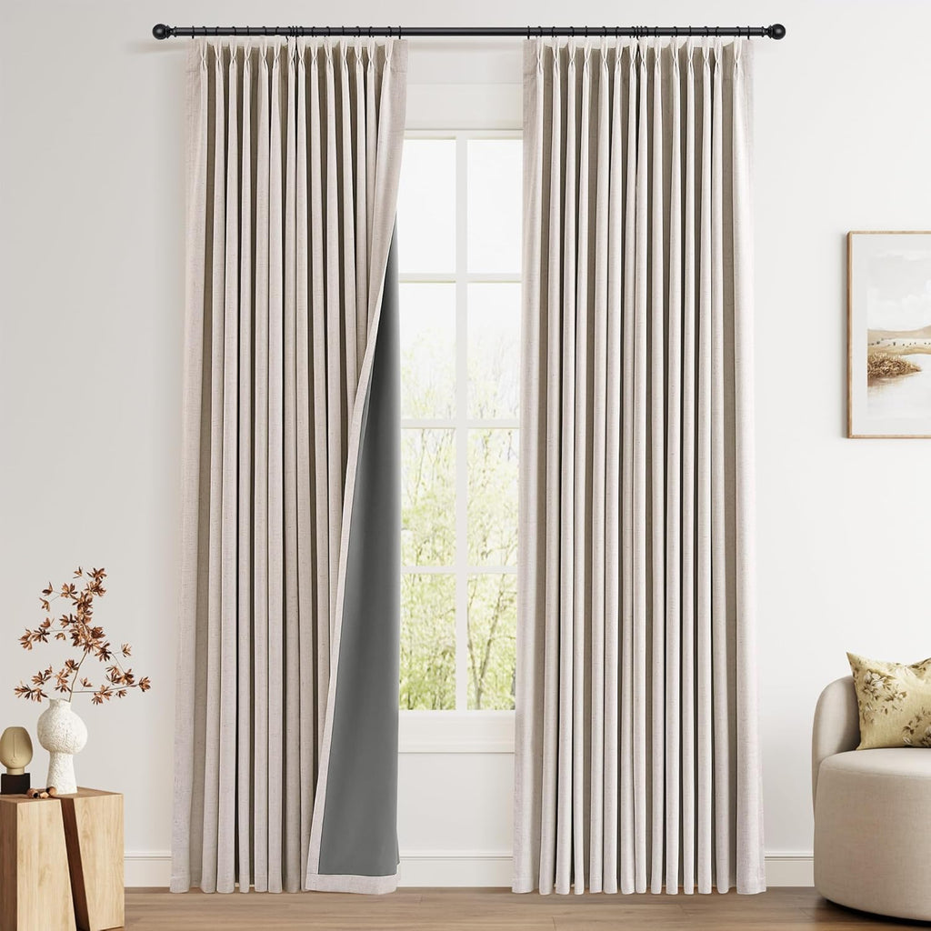Pinch Pleated 100% Blackout Linen Curtains 96 Inches Long for Bedroom Living Room Memory Trained Pinch Pleat Linen Curtains Rustic Farmhouse Thermal Insulated Natural Cream Pleated Drapes 8ft 40x96