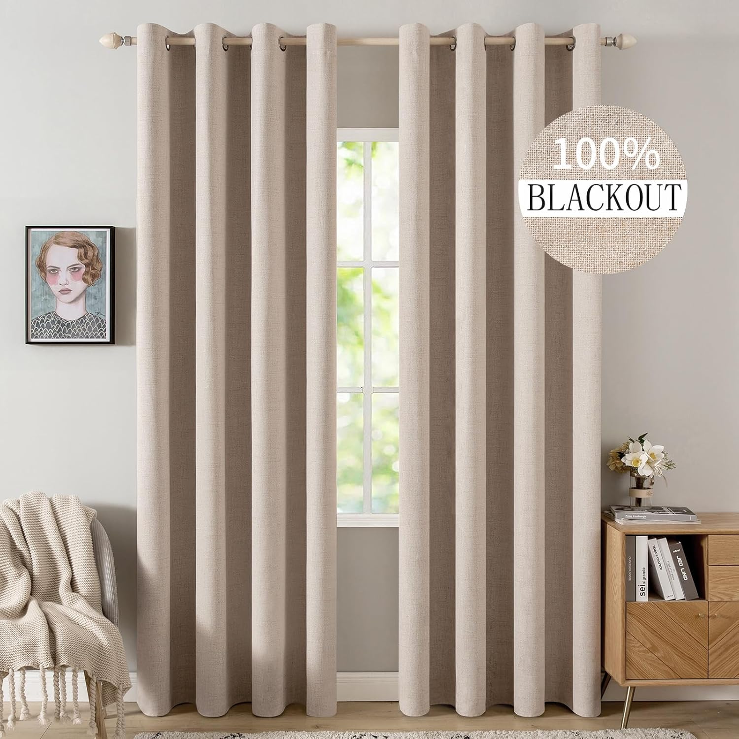 MIULEE 100% Blackout Linen Textured Curtains for Bedroom Solid Thermal Insulated Copper Brown Grommet Room Darkening Curtains & Drapes Luxury Decor for Living Room Nursery 52 x 84 Inch (2 Panels)