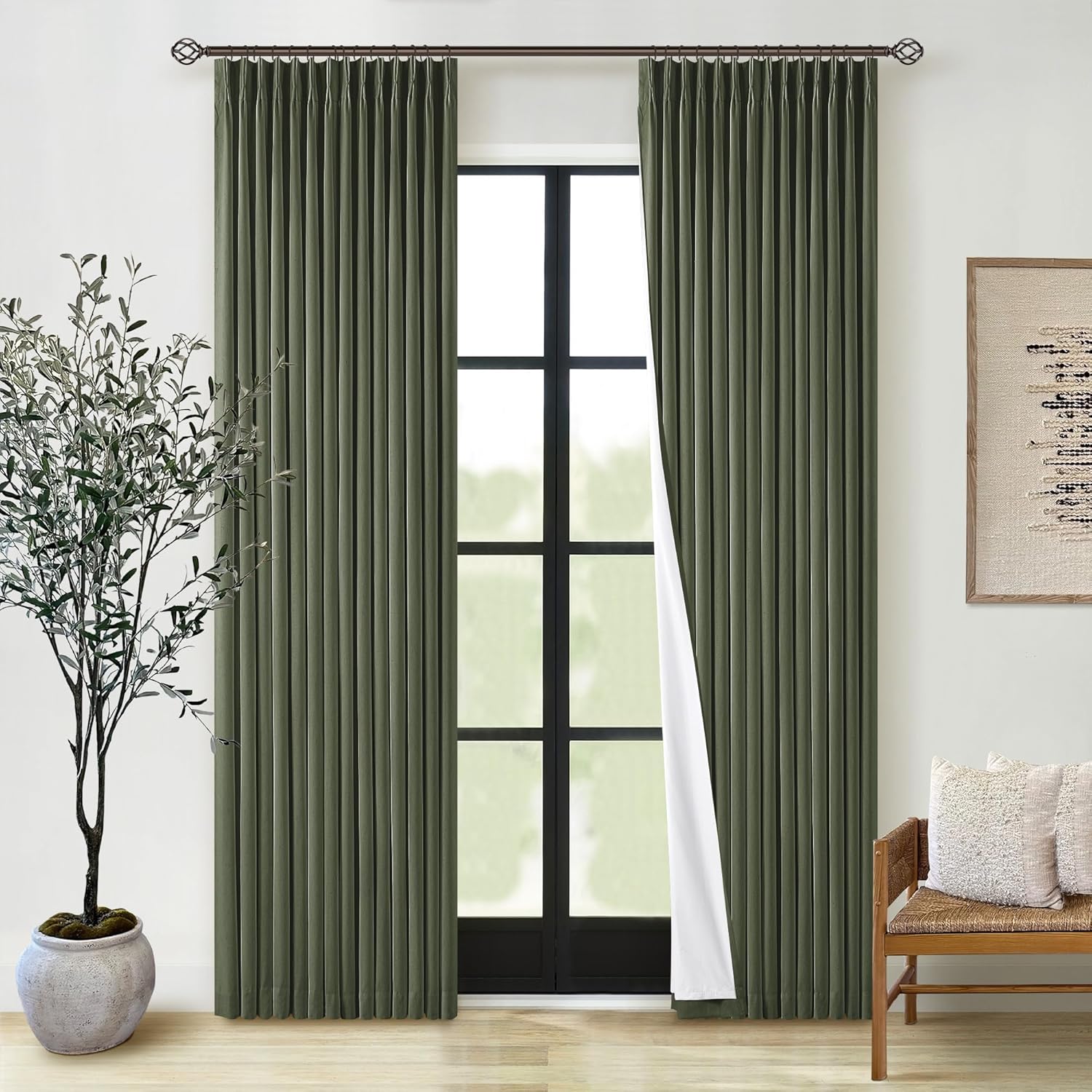 102 Inches Long Pinch Pleated Linen Blackout Curtains for Bedroom Back Tab Track Memory Trained Shape Farmhouse Light Blocking Curtains 102 Inch Length for Living Dining Room Darkening Drapes Cream