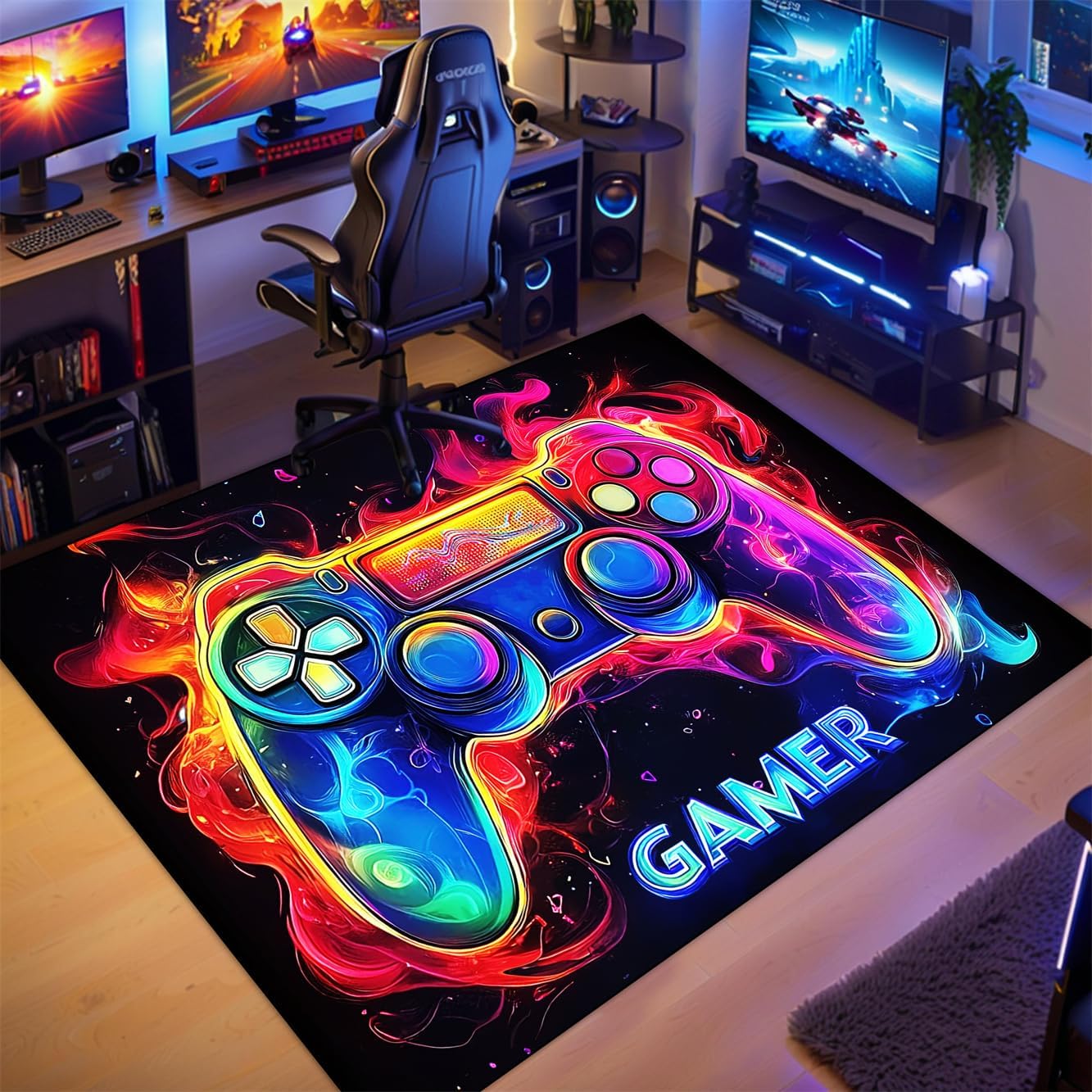 Gaming Area Rug for Boys Bedroom - Purple Gaming Carpet Rug for Kids Boys Room Video Games Carpet Gamepad Themed Rugs Kids Room Decor, 80 x 58 Inches