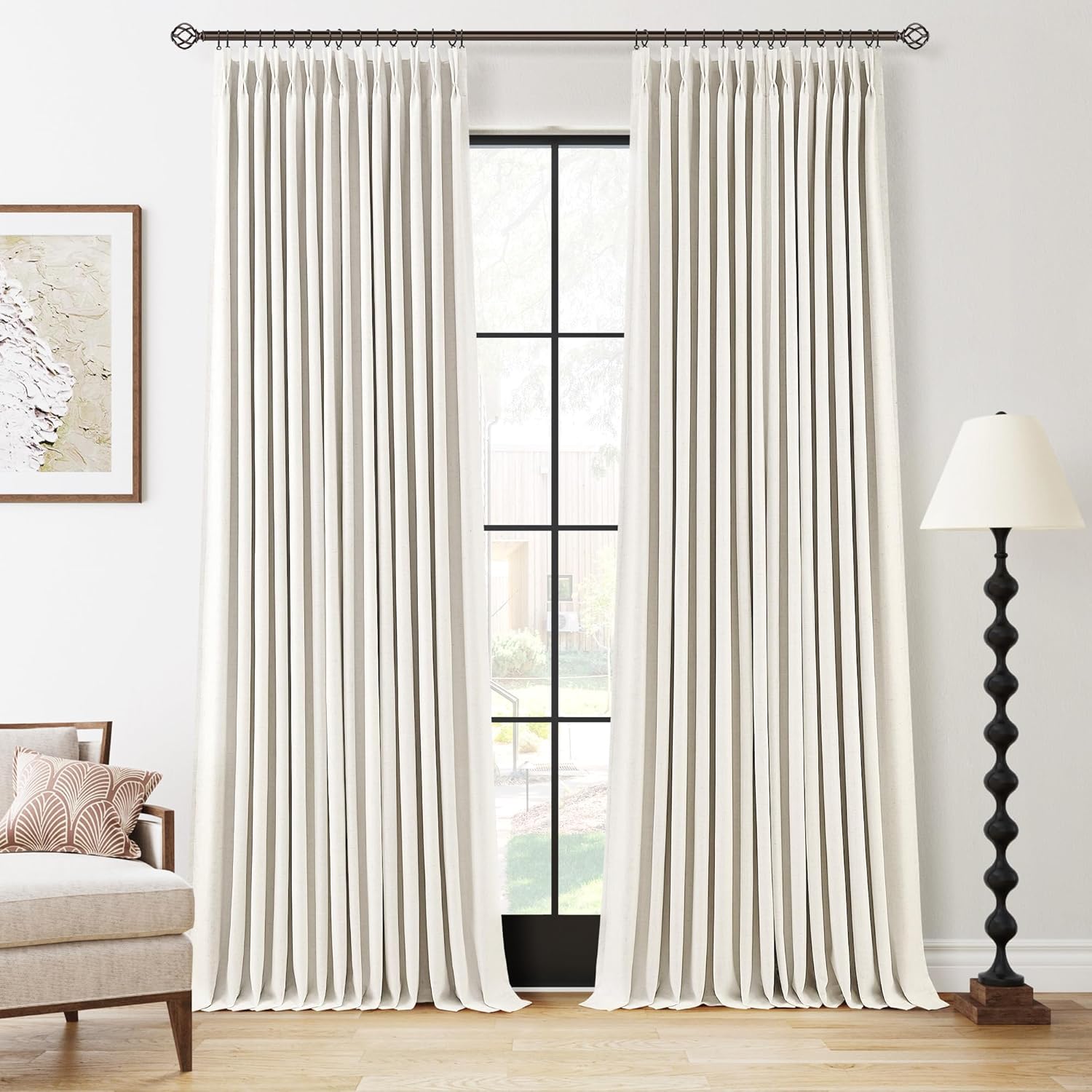 100% Blackout Pinch Pleated Curtains Linen 90 Inches Long for Bedroom 2 Panels Set Full Black Out Thermal Insulated Curtain Natural Boho Farmhouse Pinch Pleat Double Layer Room Darkening Drapes Cream