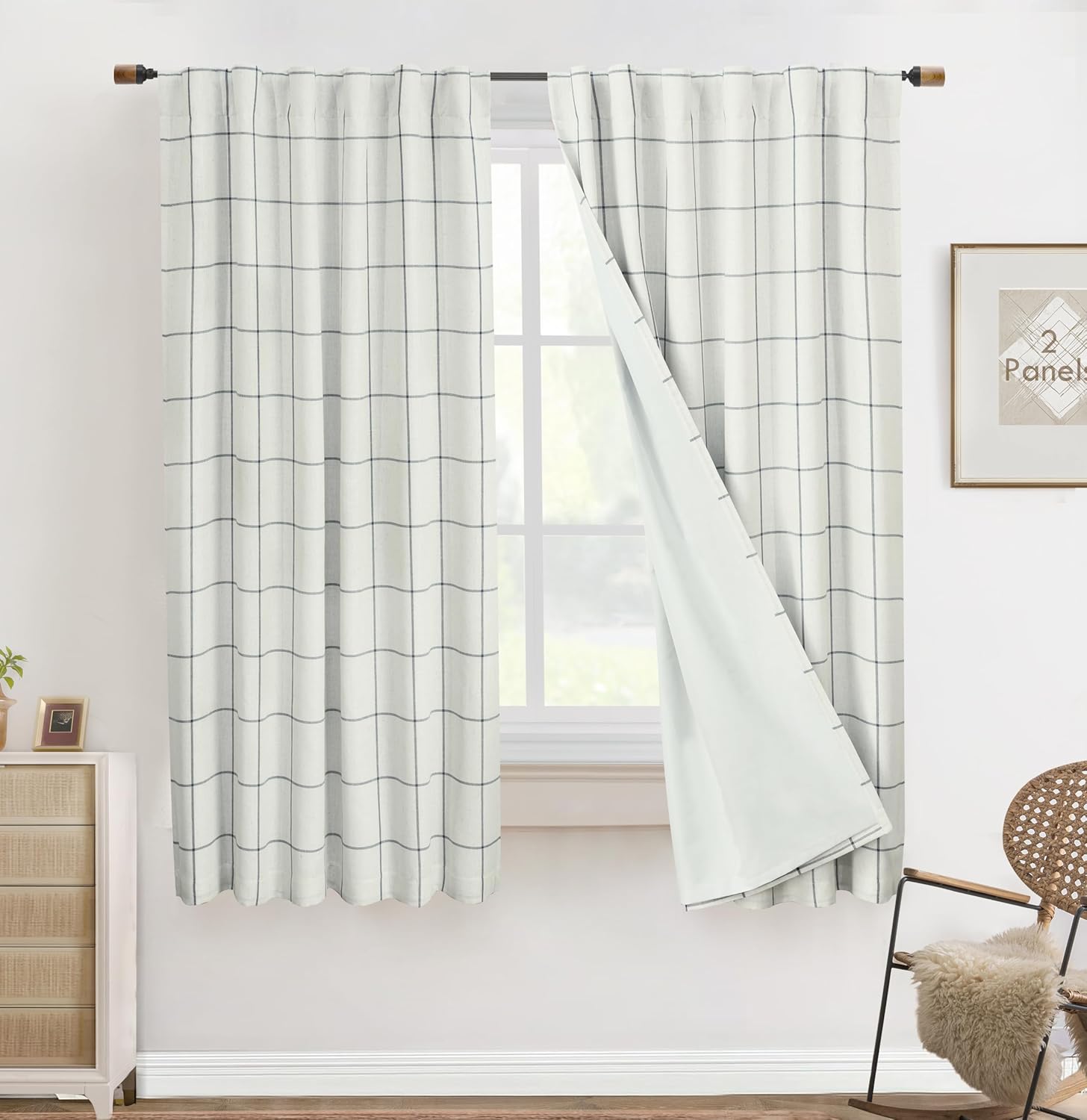 DriftAway 2 Panels 100% Blackout Windowpane Plaid Linen Curtains Double Layer Drapes for Bedroom 84 Inches Long Farmhouse Thermal Insulated 3.25 Inch Rod Pocket Back Tab for Living Room Taupe