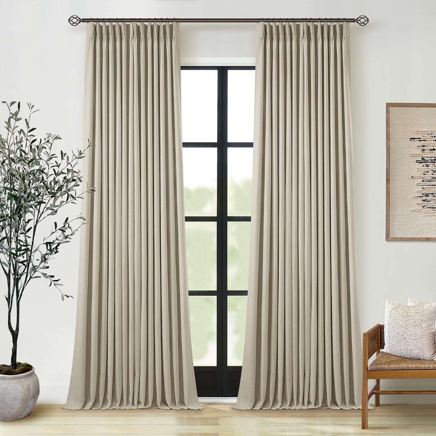 102 Inches Long Pinch Pleated Linen Blackout Curtains for Bedroom Back Tab Track Memory Trained Shape Farmhouse Light Blocking Curtains 102 Inch Length for Living Dining Room Darkening Drapes Cream