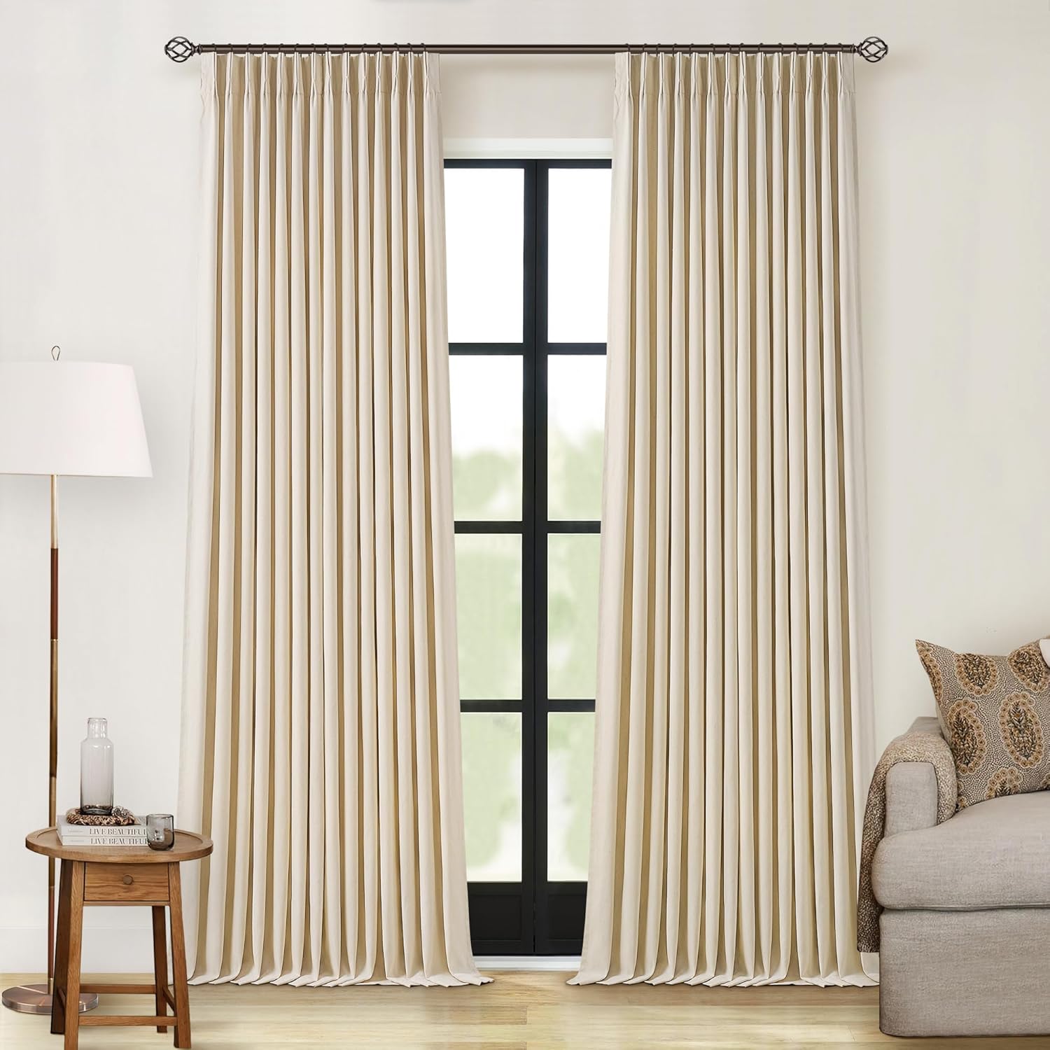 102 Inches Long Pinch Pleated Linen Blackout Curtains for Bedroom Back Tab Track Memory Trained Shape Farmhouse Light Blocking Curtains 102 Inch Length for Living Dining Room Darkening Drapes Cream