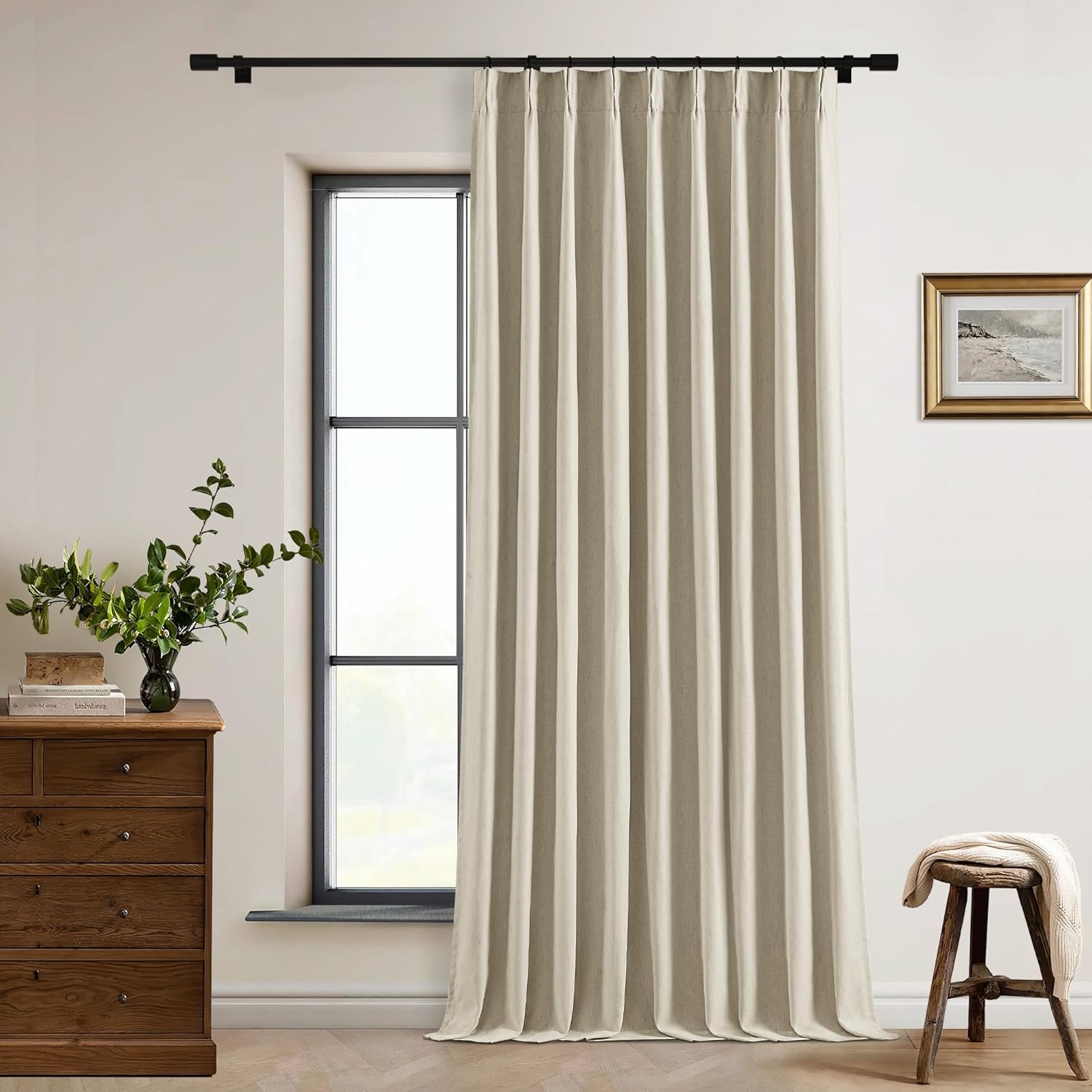 102 Inches Long Pinch Pleated Linen Blackout Curtains for Bedroom Back Tab Track Memory Trained Shape Farmhouse Light Blocking Curtains 102 Inch Length for Living Dining Room Darkening Drapes Cream