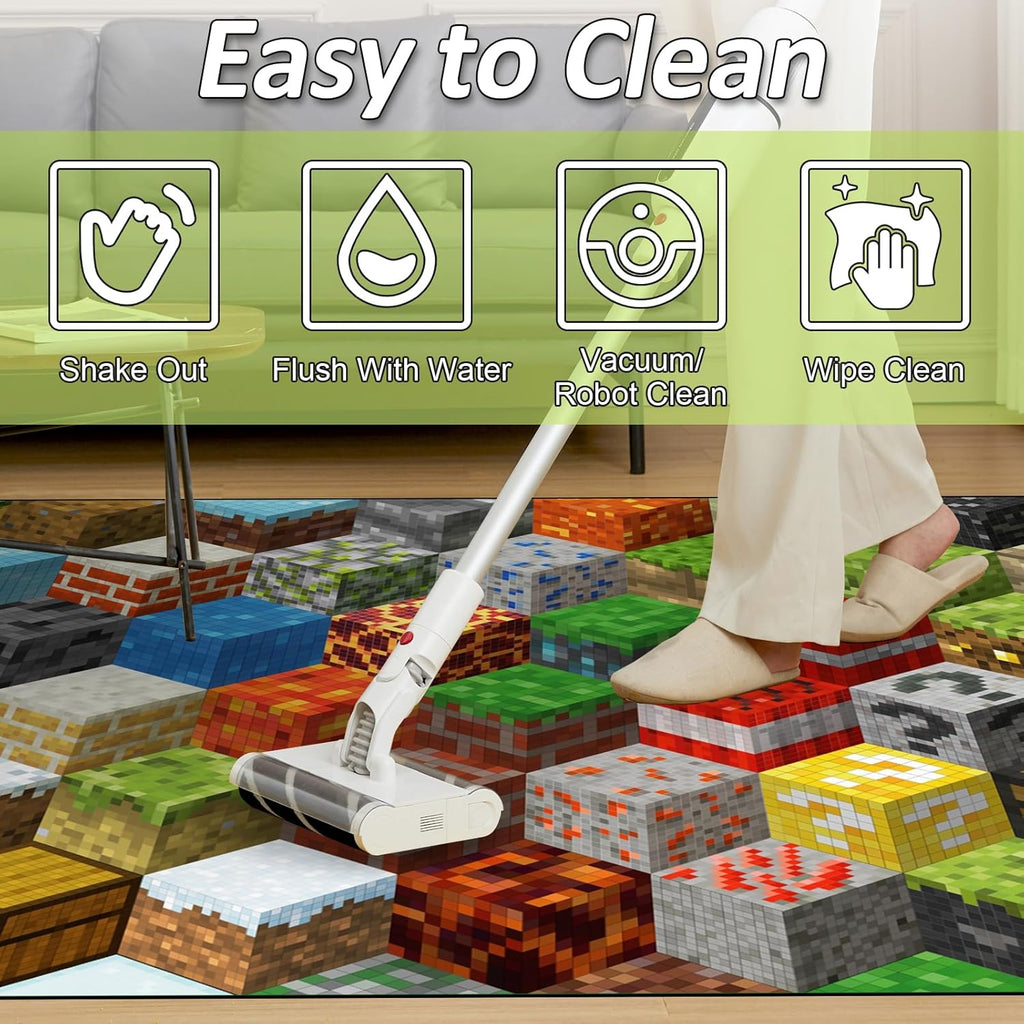 Block Game Rug Teen Boys Carpet with Pixel Games Element Decoration Mat, Cube Block Game Rugs for Boy’s Bedroom Living Room Playroom, Non-Slip Children Gaming Area Rugs (79" x 59")