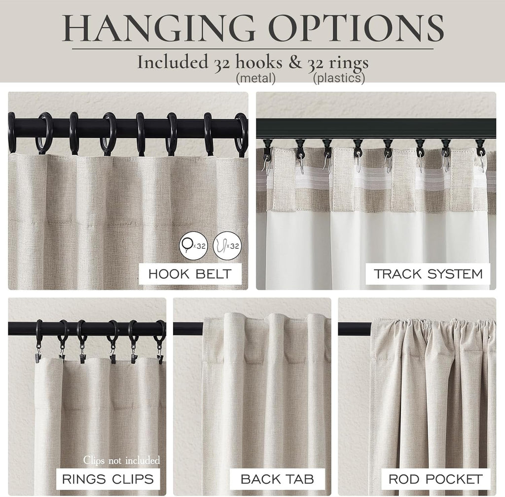 Black Out 96 Inch Long Boho Curtains 2 Panel Set, Farmhouse Curtains for Living Room Darkening/Thermal/Noise Reduction Textured Flax Linen Drape 8ft Hook&Ring Included Birch Off White 50"x96"