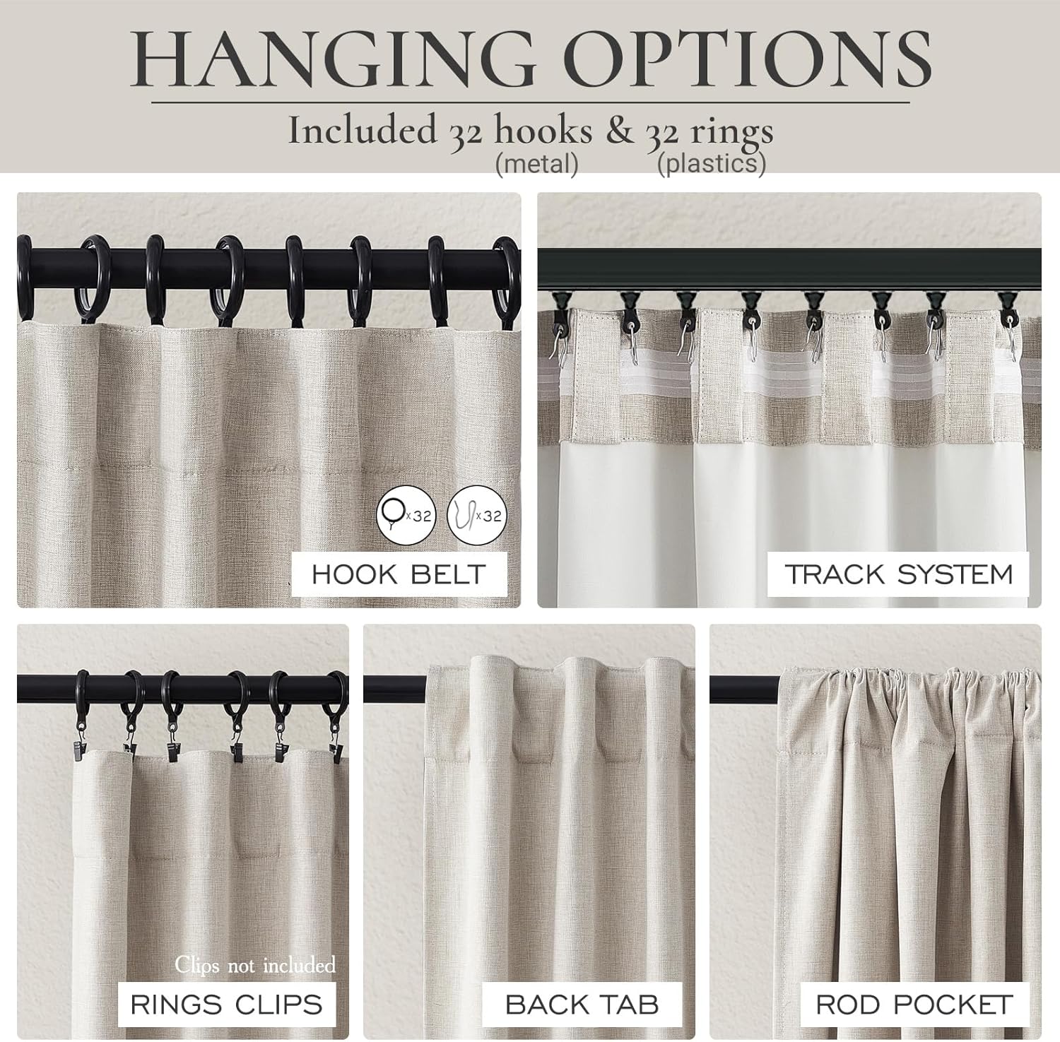 Black Out 96 Inch Long Boho Curtains 2 Panel Set, Farmhouse Curtains for Living Room Darkening/Thermal/Noise Reduction Textured Flax Linen Drape 8ft Hook&Ring Included Birch Off White 50"x96"