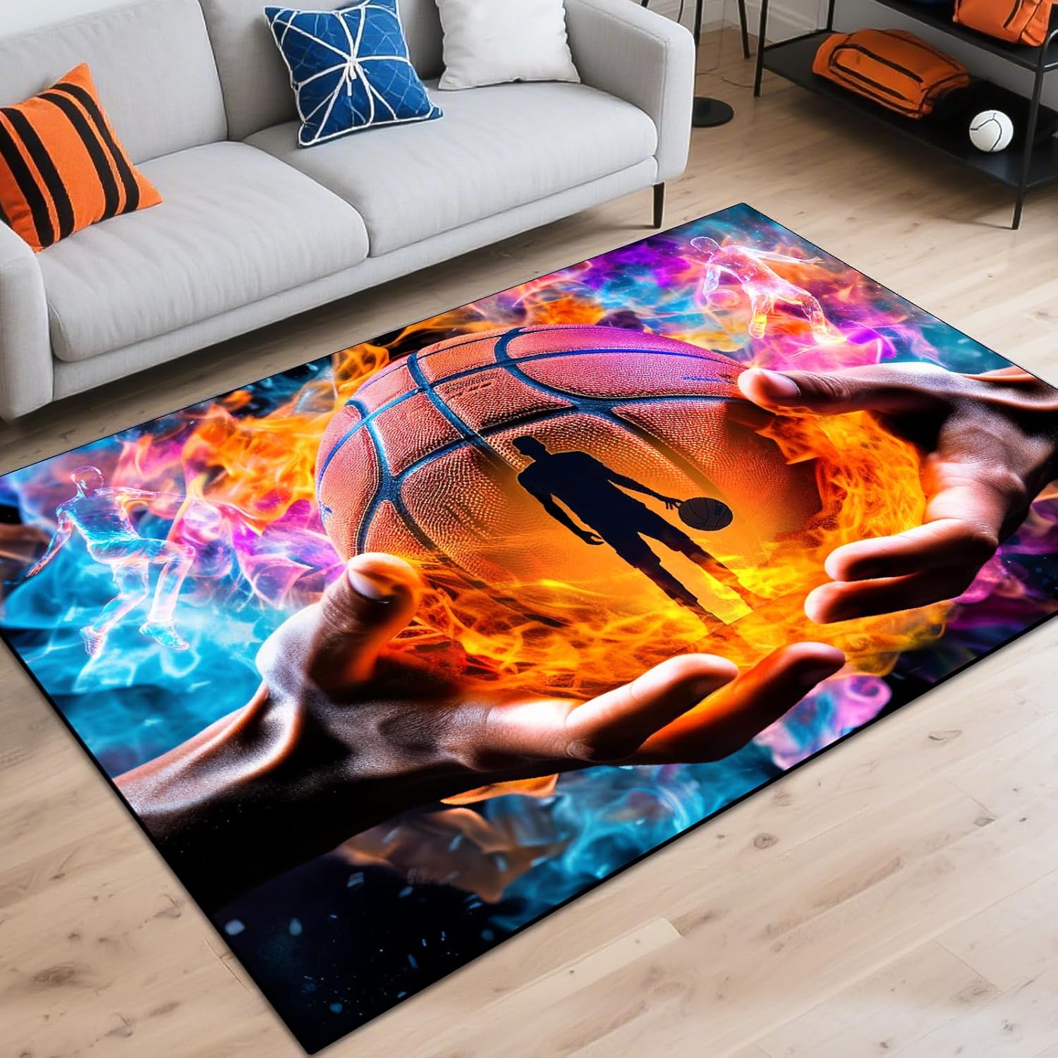 Washable Game Area Rug, Sports Ball Design Gaming Teen Carpet Rug Doormat, Non-Slip Low-Pile Floor Carpet for Computer Bedroom Indoor Front Entrance Living Room Office (Basketball 1, 79" x 59")
