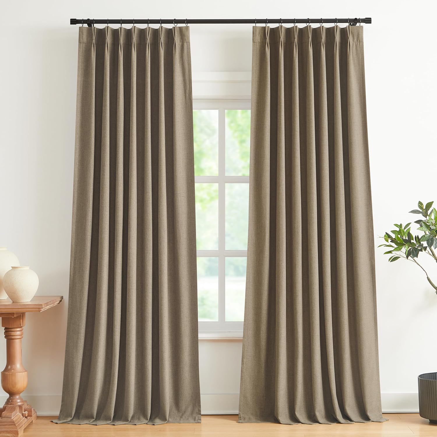 Vision Home Natural Pinch Pleated Full Blackout Curtains Linen Blended Room Darkening Window Curtains 90 inch for Living Room Bedroom Thermal Insulated Pinch Pleat Drapes with Hooks 2 Panel 40"Wx90"L