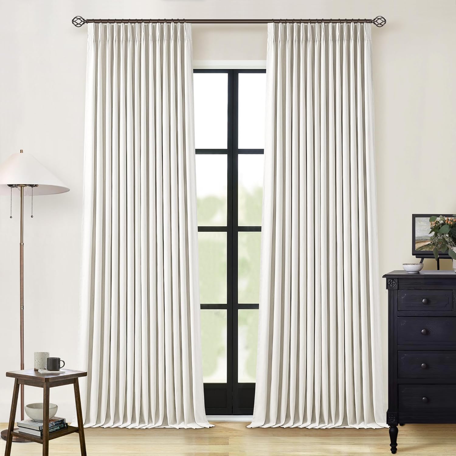 102 Inches Long Pinch Pleated Linen Blackout Curtains for Bedroom Back Tab Track Memory Trained Shape Farmhouse Light Blocking Curtains 102 Inch Length for Living Dining Room Darkening Drapes Cream