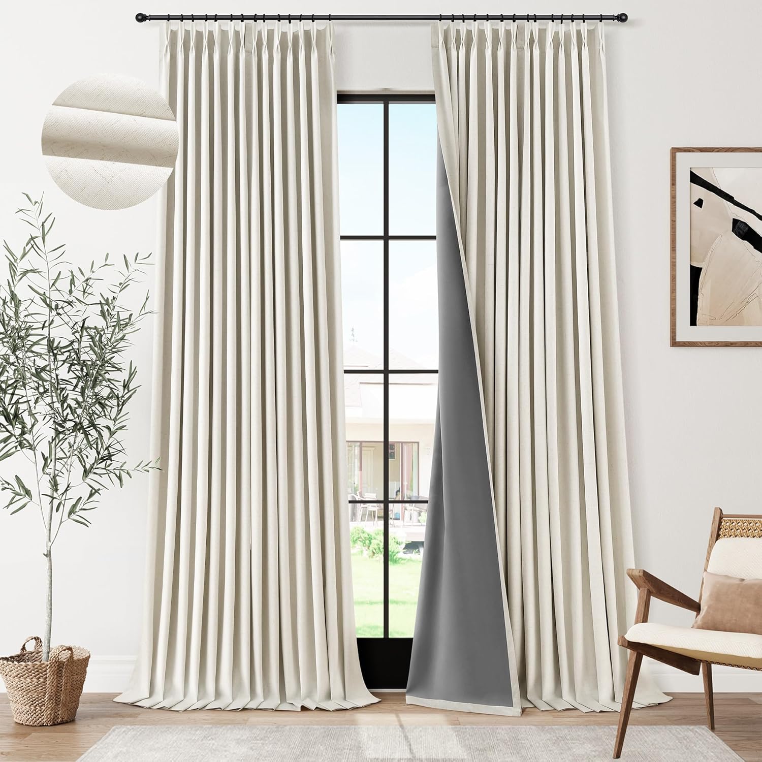 Pinch Pleated 100% Blackout Linen Curtains 96 Inches Long for Bedroom Living Room Memory Trained Pinch Pleat Linen Curtains Rustic Farmhouse Thermal Insulated Natural Cream Pleated Drapes 8ft 40x96