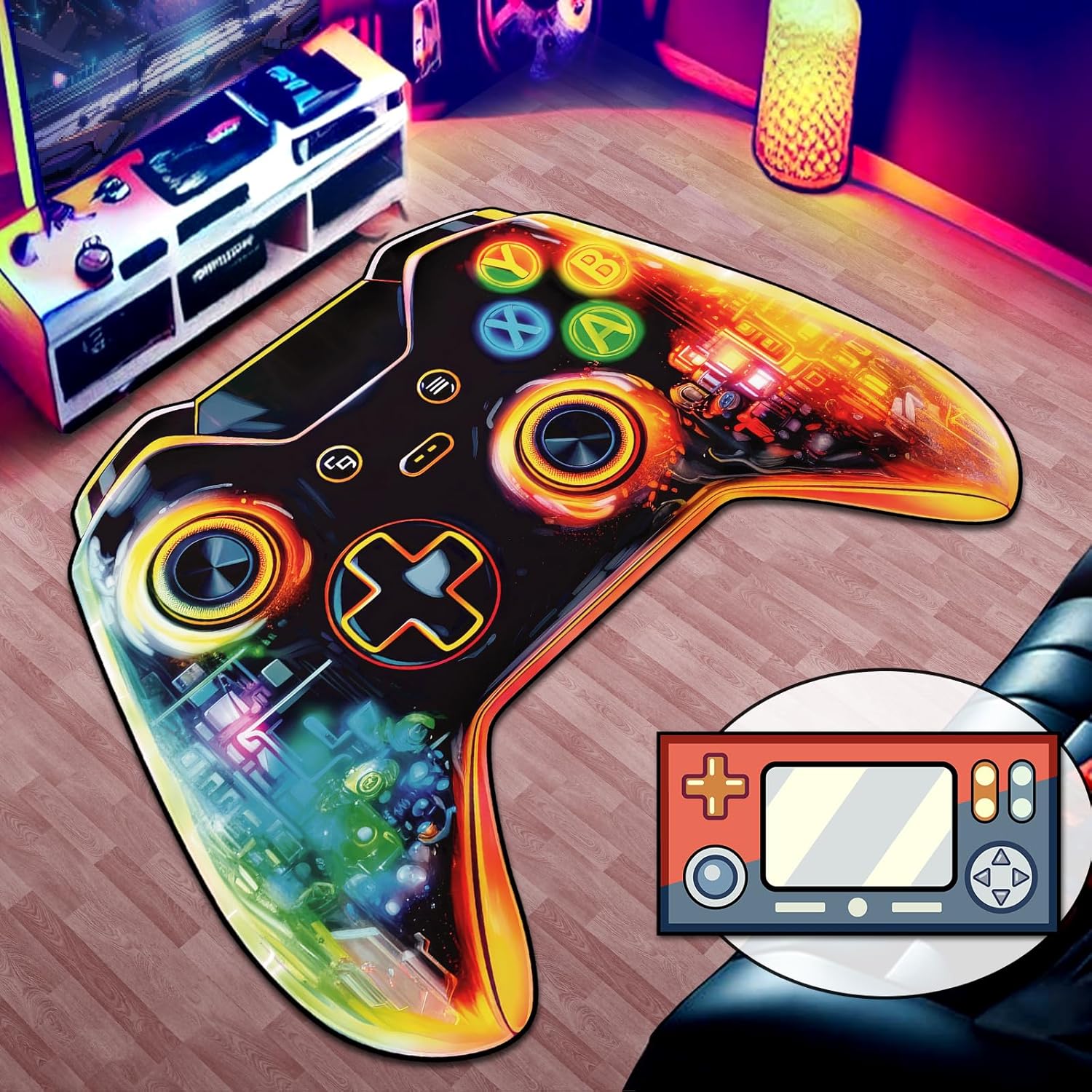 Gaming Area Rug Teen Boys Carpet, Transparent Gamepad and Colorful Lighting Background Game Controller Design for Game Room, Gaming Room, Boys Girls Bedroom Playroom, Living Room (79" x 59")