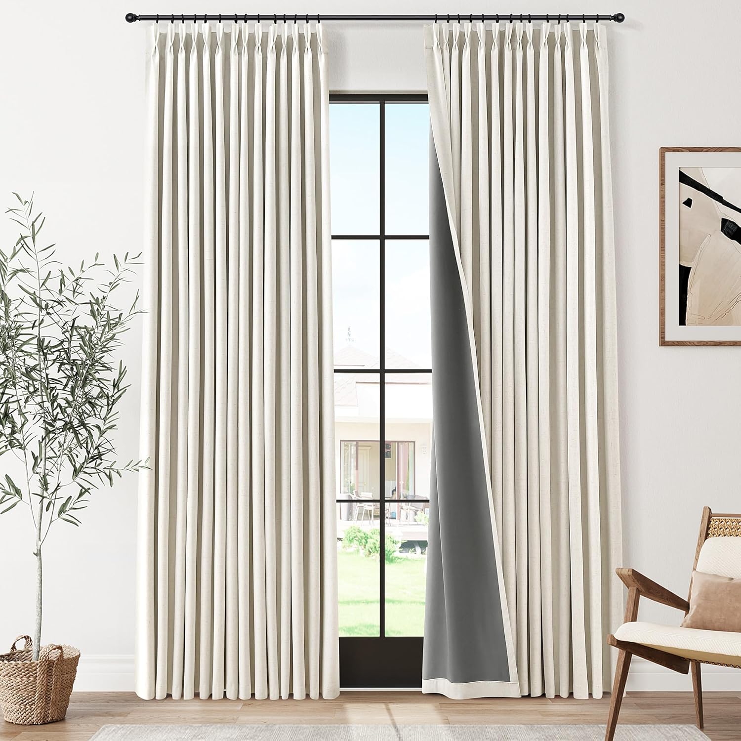 Pinch Pleated 100% Blackout Linen Curtains 96 Inches Long for Bedroom Living Room Memory Trained Pinch Pleat Linen Curtains Rustic Farmhouse Thermal Insulated Natural Cream Pleated Drapes 8ft 40x96