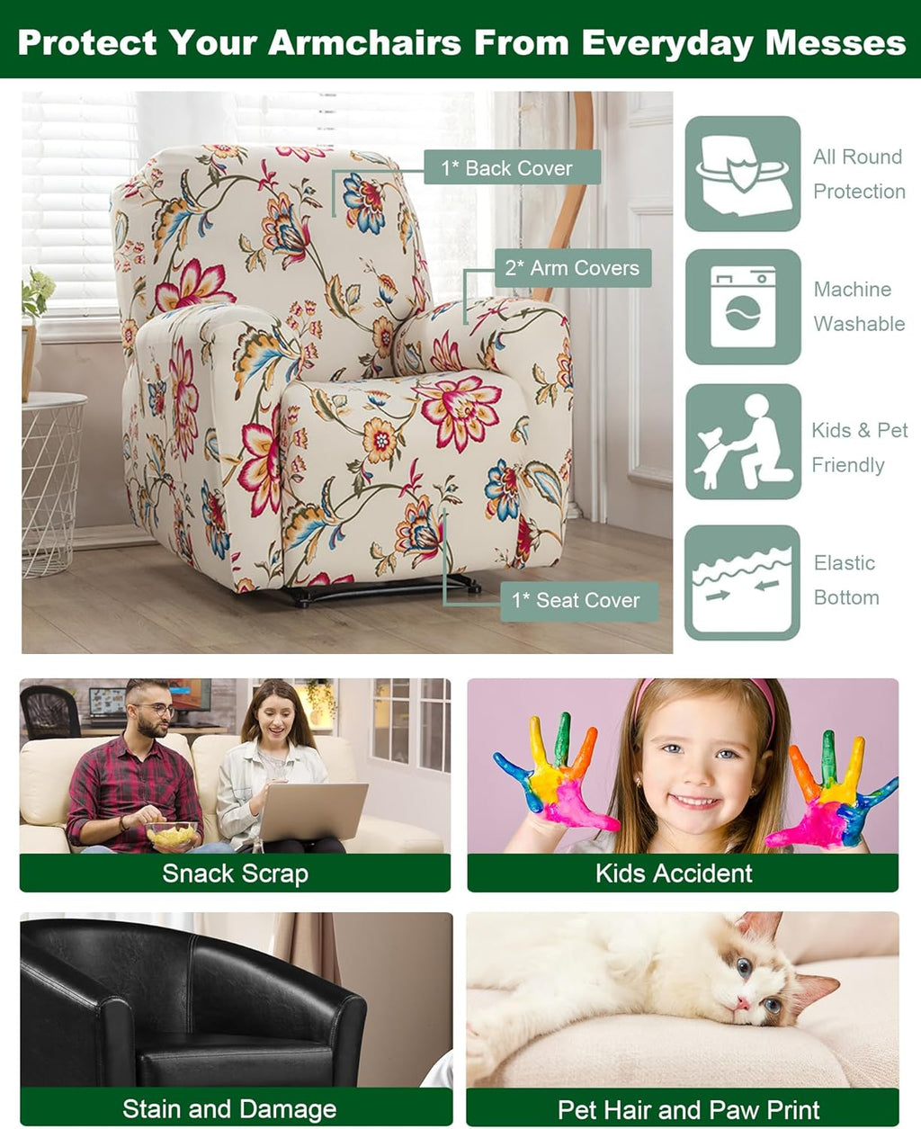 CRFATOP Stretch Recliner Cover 4-Pieces 1 Seat Recliner Chair Slipcovers Printed Fallon Collection Slipcover Recliner Lazy Boy Furniture Protector for Living Room,11