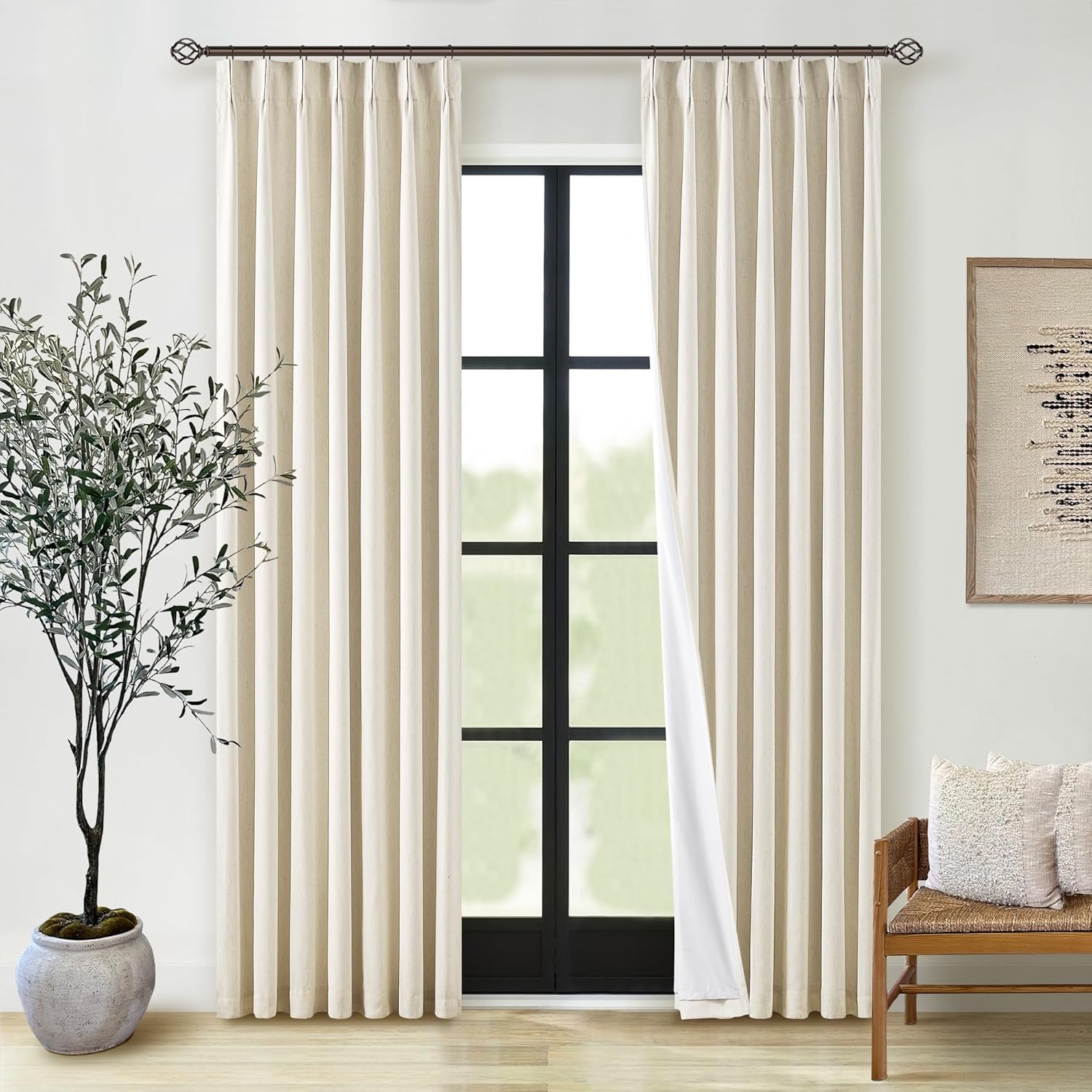 102 Inches Long Pinch Pleated Linen Blackout Curtains for Bedroom Back Tab Track Memory Trained Shape Farmhouse Light Blocking Curtains 102 Inch Length for Living Dining Room Darkening Drapes Cream