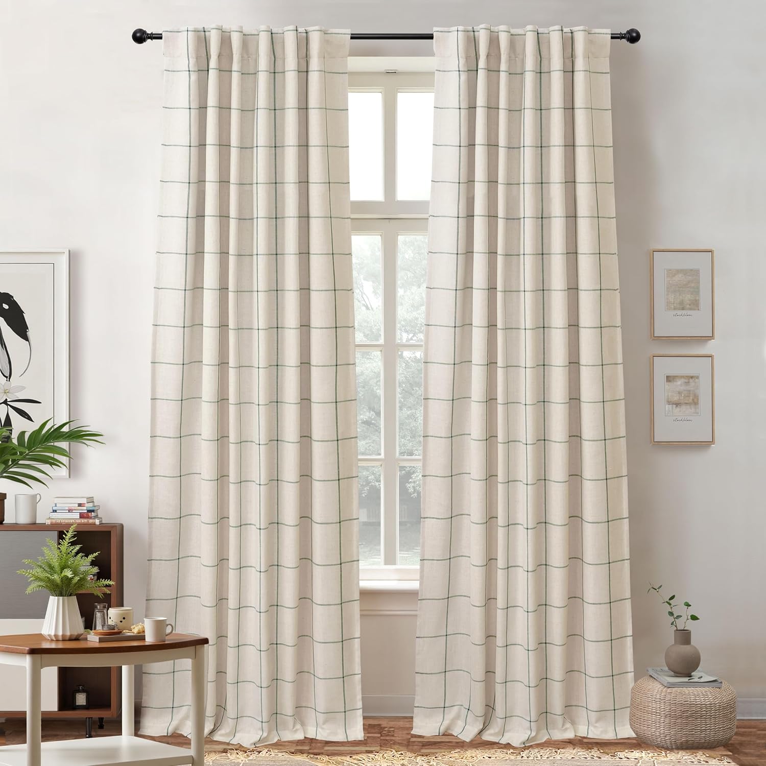 DriftAway 2 Panels 100% Blackout Windowpane Plaid Linen Curtains Double Layer Drapes for Bedroom 84 Inches Long Farmhouse Thermal Insulated 3.25 Inch Rod Pocket Back Tab for Living Room Taupe
