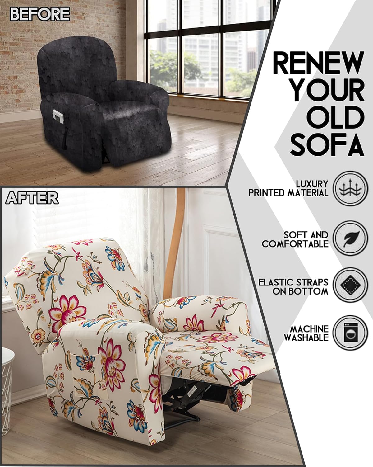 CRFATOP Stretch Recliner Cover 4-Pieces 1 Seat Recliner Chair Slipcovers Printed Fallon Collection Slipcover Recliner Lazy Boy Furniture Protector for Living Room,11