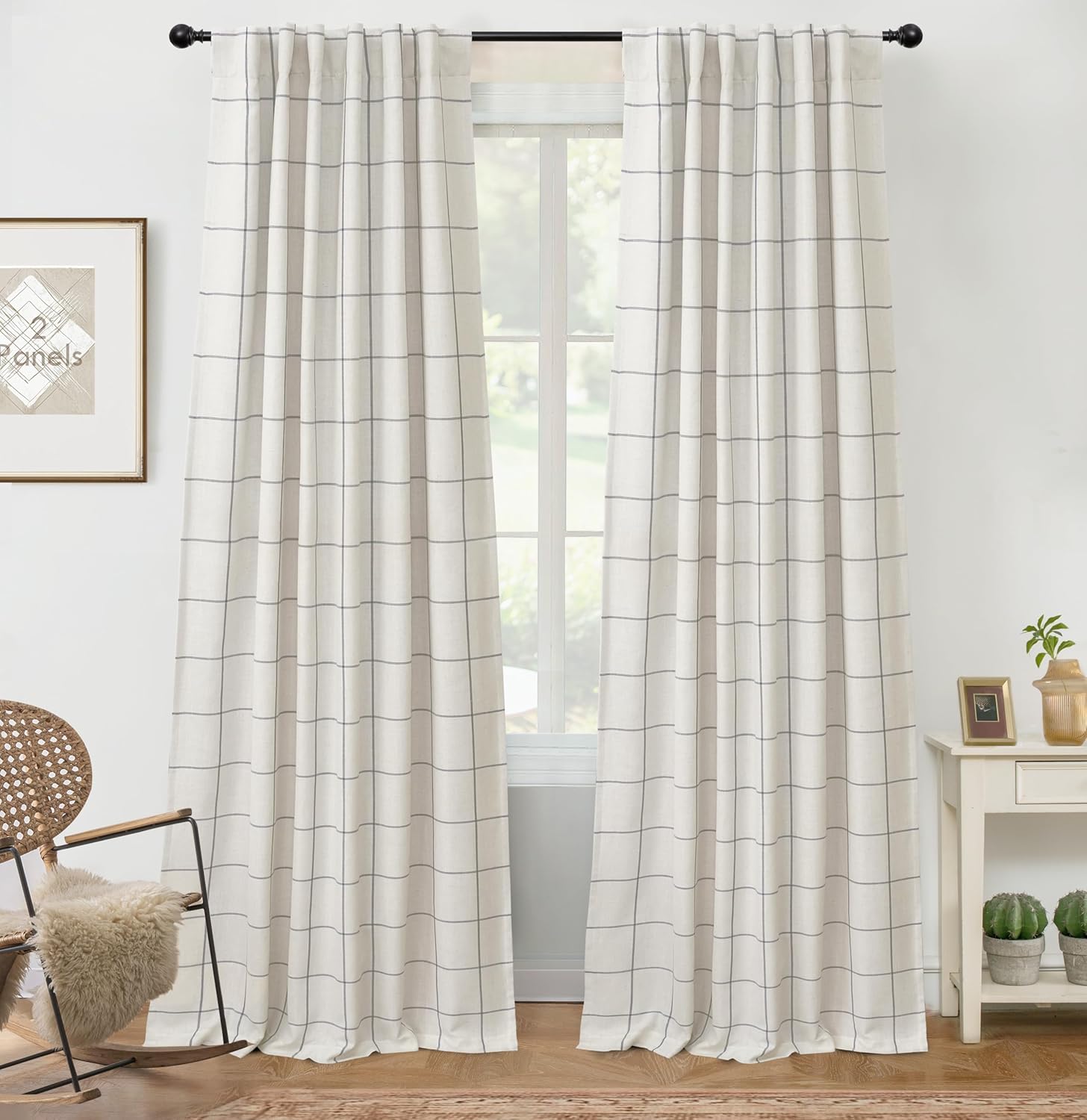 DriftAway 2 Panels 100% Blackout Windowpane Plaid Linen Curtains Double Layer Drapes for Bedroom 84 Inches Long Farmhouse Thermal Insulated 3.25 Inch Rod Pocket Back Tab for Living Room Taupe