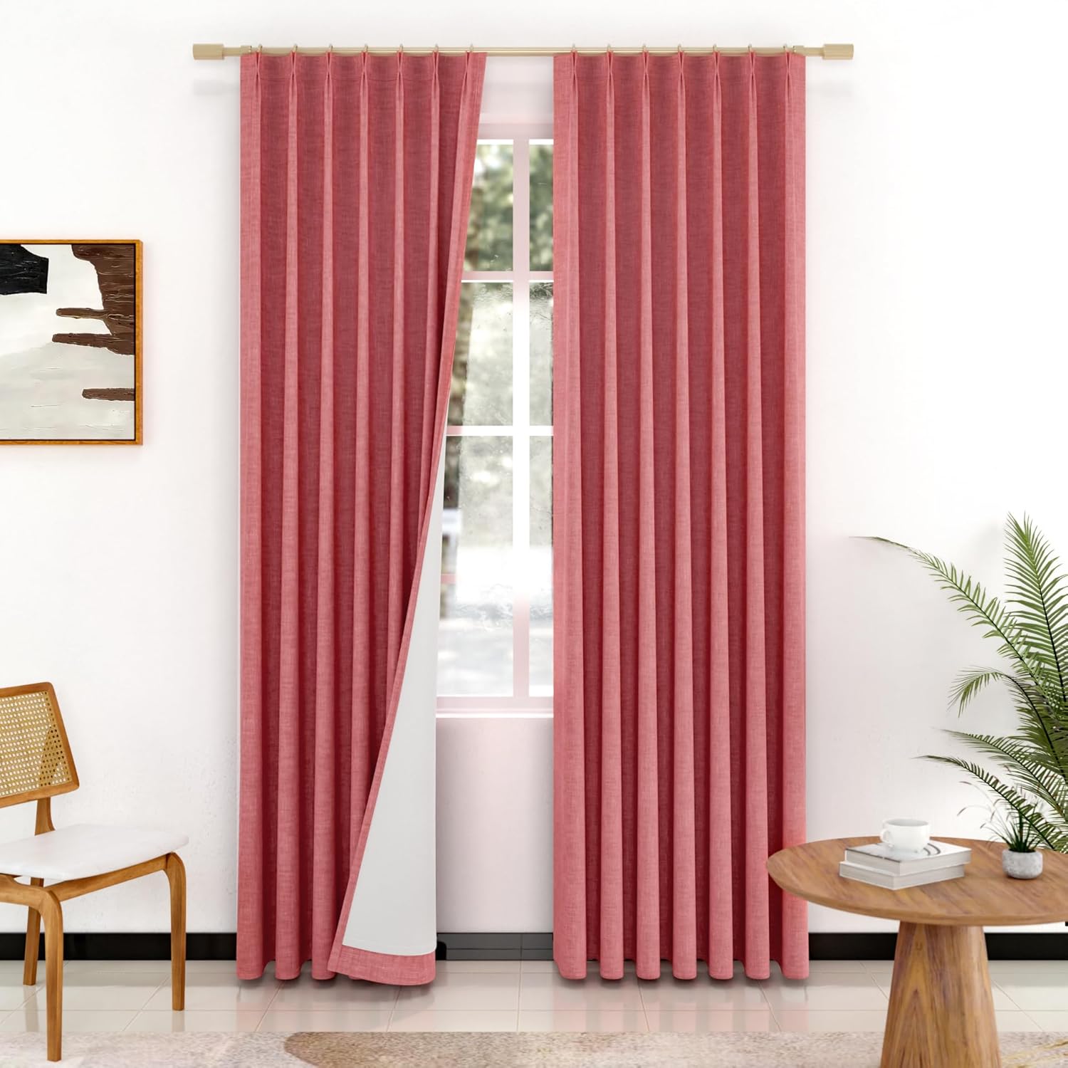 IVAPUPU Natural Pinch Pleated 100% Blackout Linen Curtains 90 Inch Length for Bedroom, Black Out Pinch Pleat Curtains for Living Dining Room Darkening Thermal Insulated Drapes with 16 Hooks, 2 Panels