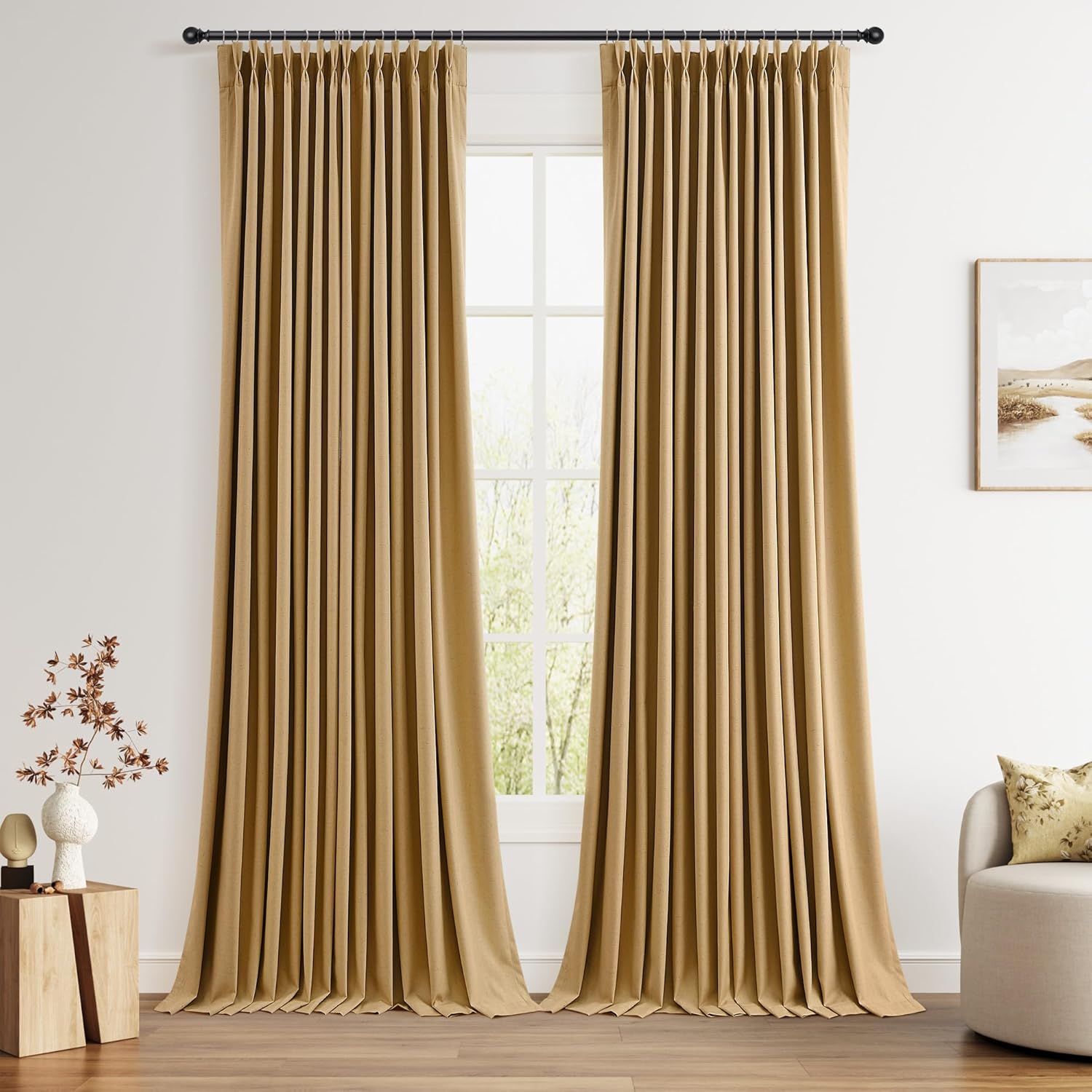Pinch Pleated 100% Blackout Linen Curtains 96 Inches Long for Bedroom Living Room Memory Trained Pinch Pleat Linen Curtains Rustic Farmhouse Thermal Insulated Natural Cream Pleated Drapes 8ft 40x96