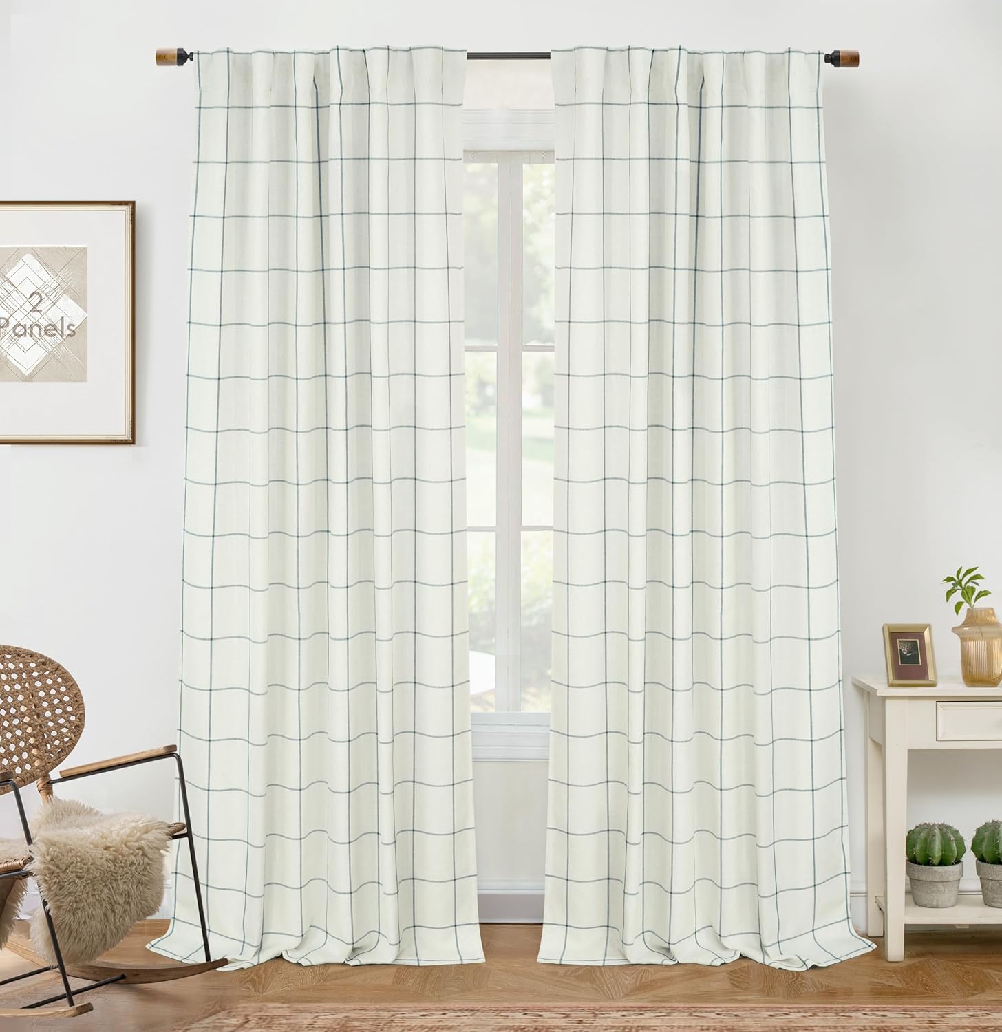 DriftAway 2 Panels 100% Blackout Windowpane Plaid Linen Curtains Double Layer Drapes for Bedroom 84 Inches Long Farmhouse Thermal Insulated 3.25 Inch Rod Pocket Back Tab for Living Room Taupe
