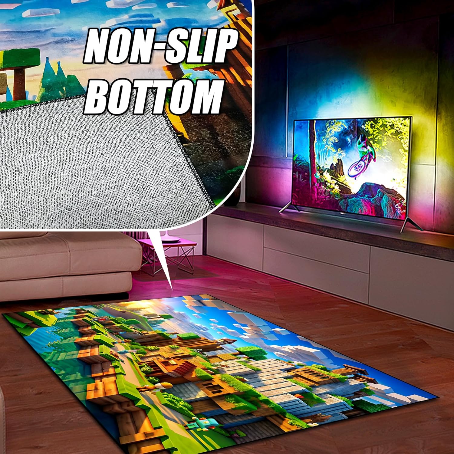 Block Game Rug Teen Kids Carpet, Pixel Games Scene Decoration Mat, Washable Cube Block Game Rugs for Boy’s Bedroom Living Room Playroom, Non-Slip Children Gaming Area Rugs (Green Village, 79" x 59")