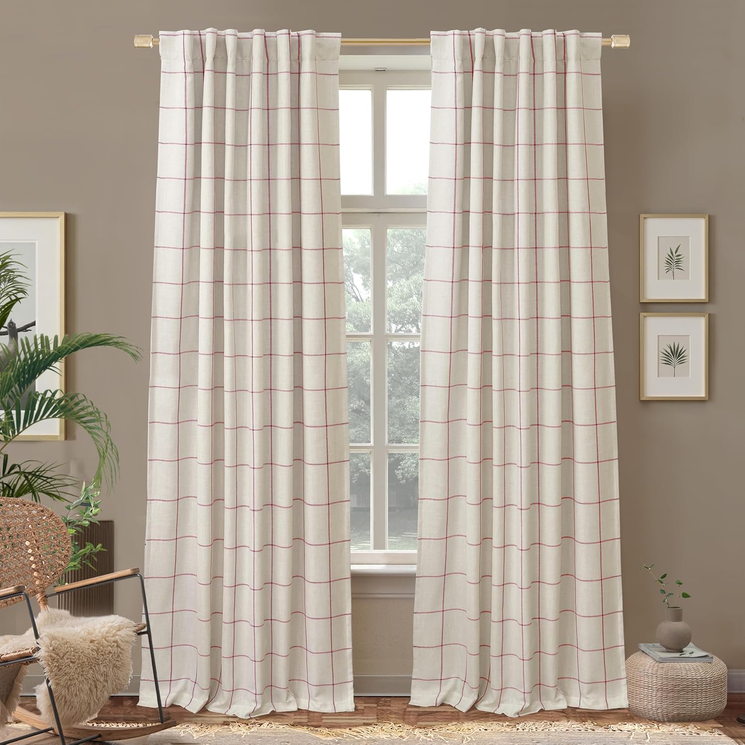 DriftAway 2 Panels 100% Blackout Windowpane Plaid Linen Curtains Double Layer Drapes for Bedroom 84 Inches Long Farmhouse Thermal Insulated 3.25 Inch Rod Pocket Back Tab for Living Room Taupe