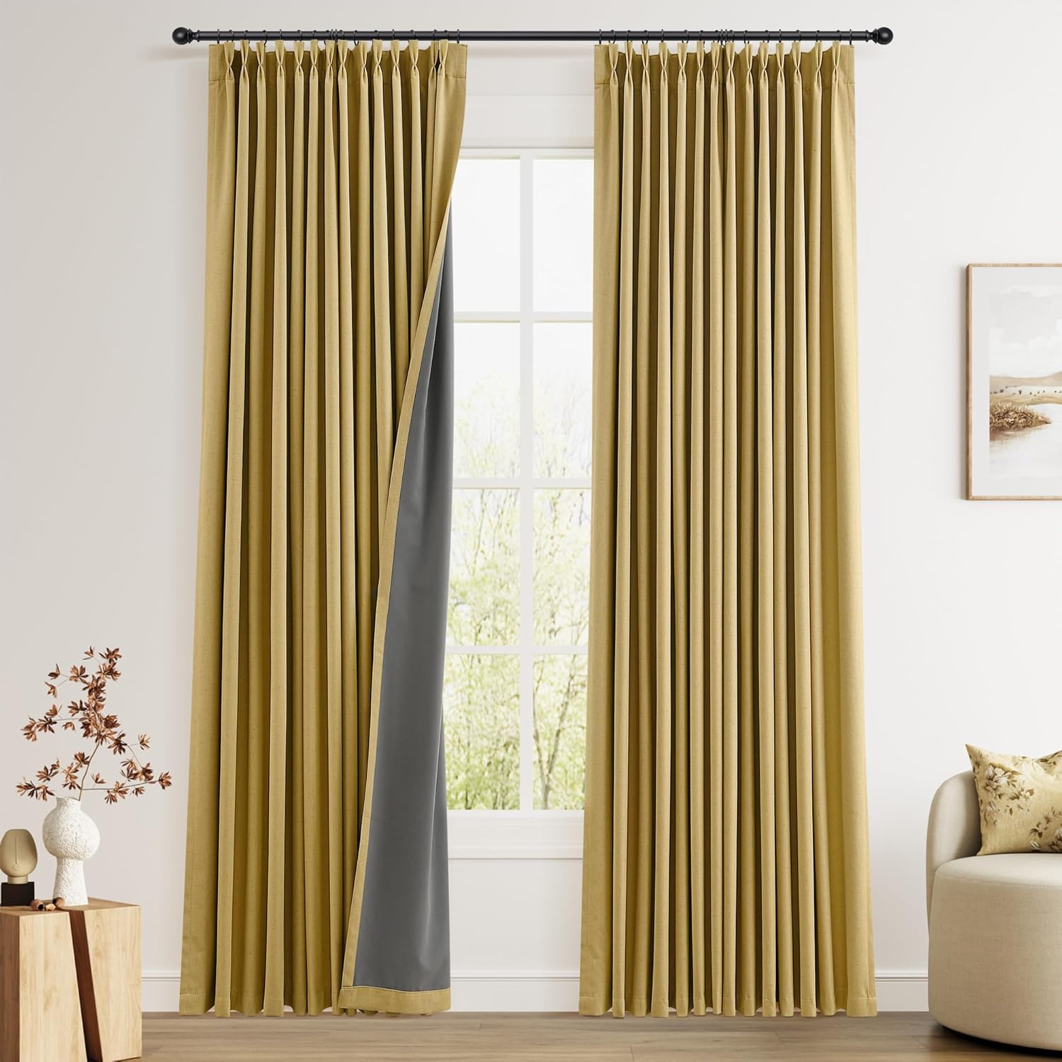 Pinch Pleated 100% Blackout Linen Curtains 96 Inches Long for Bedroom Living Room Memory Trained Pinch Pleat Linen Curtains Rustic Farmhouse Thermal Insulated Natural Cream Pleated Drapes 8ft 40x96