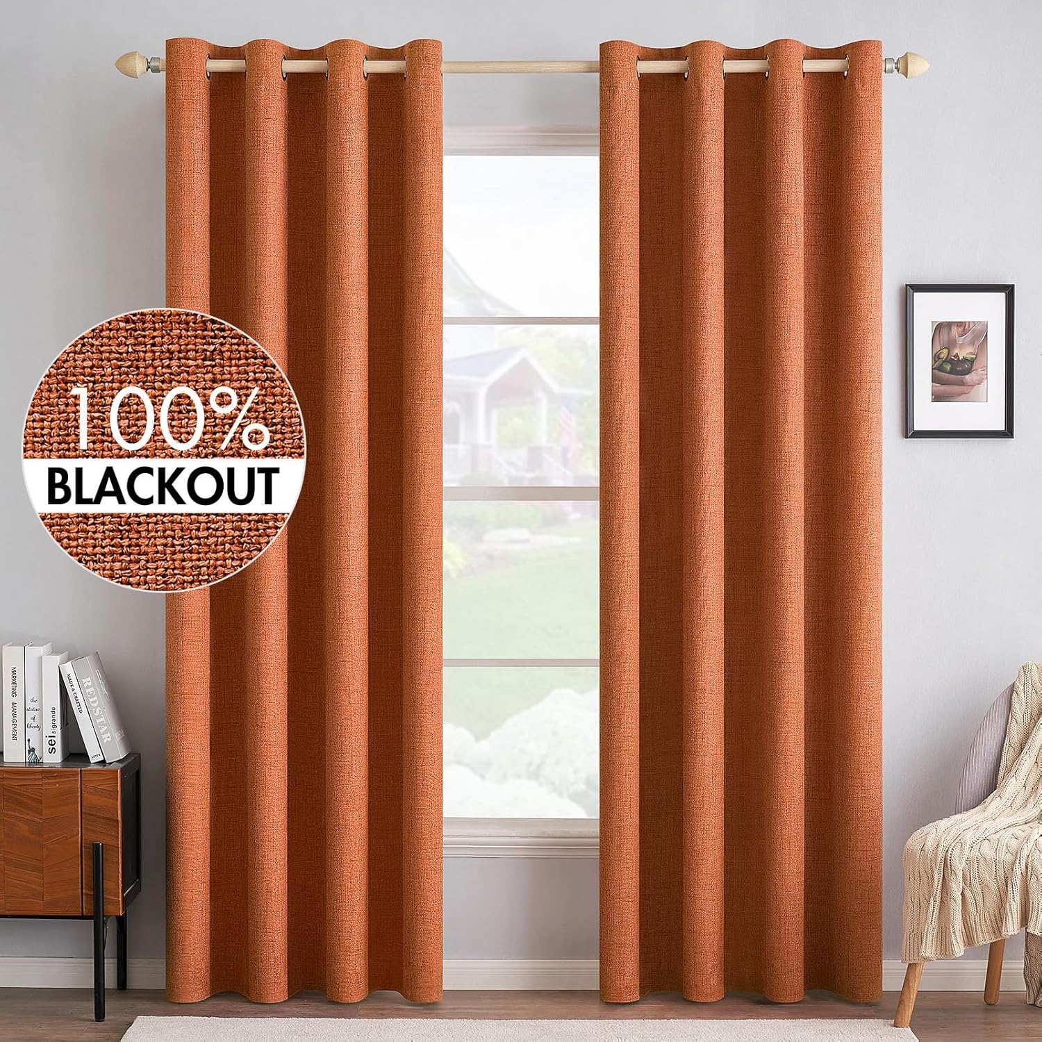 MIULEE 100% Blackout Linen Textured Curtains for Bedroom Solid Thermal Insulated Copper Brown Grommet Room Darkening Curtains & Drapes Luxury Decor for Living Room Nursery 52 x 84 Inch (2 Panels)