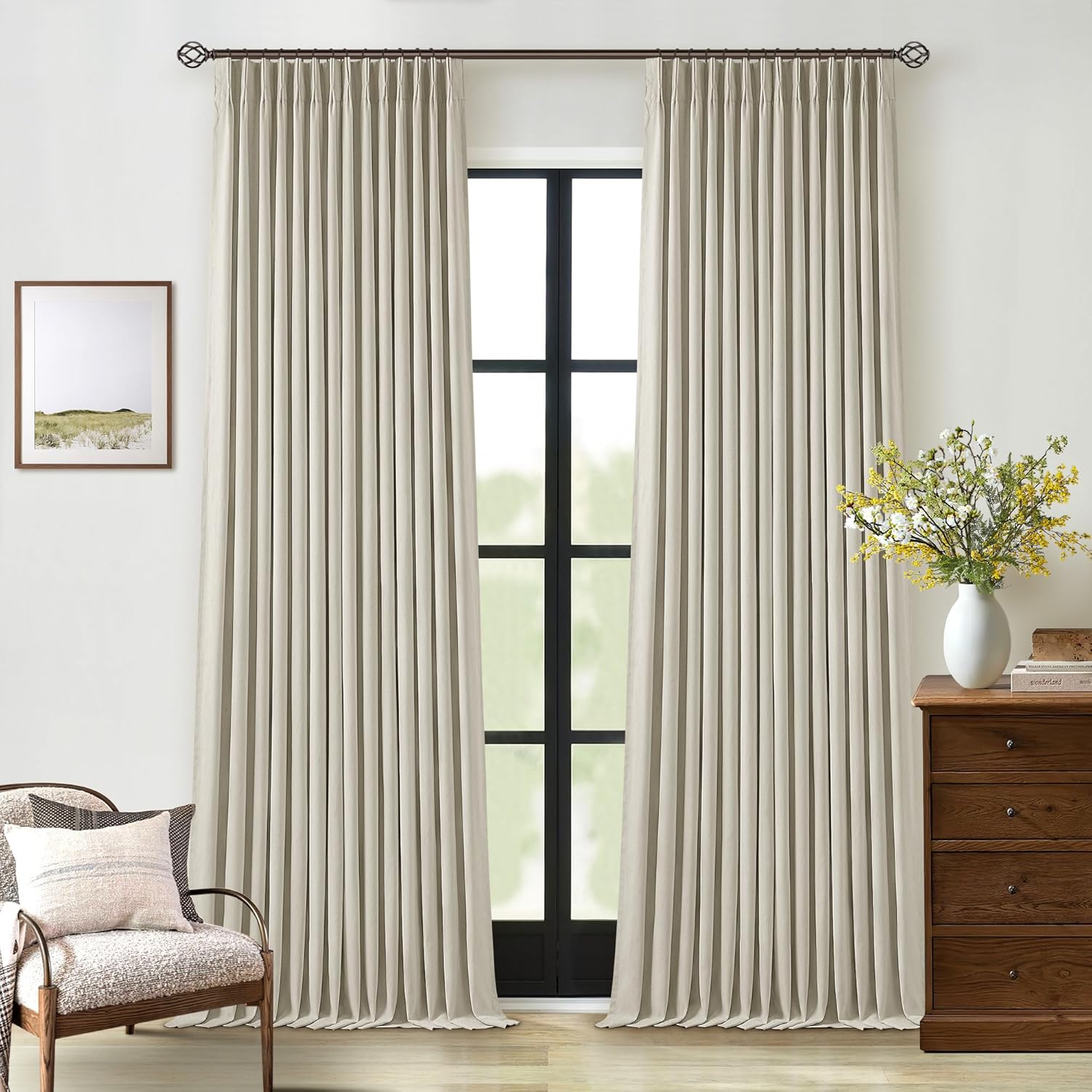 102 Inches Long Pinch Pleated Linen Blackout Curtains for Bedroom Back Tab Track Memory Trained Shape Farmhouse Light Blocking Curtains 102 Inch Length for Living Dining Room Darkening Drapes Cream