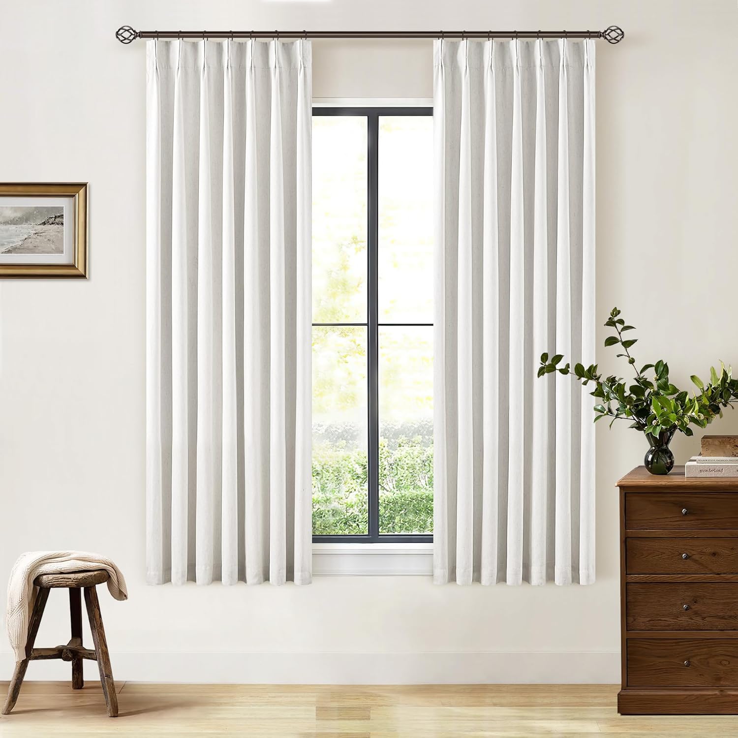 102 Inches Long Pinch Pleated Linen Blackout Curtains for Bedroom Back Tab Track Memory Trained Shape Farmhouse Light Blocking Curtains 102 Inch Length for Living Dining Room Darkening Drapes Cream