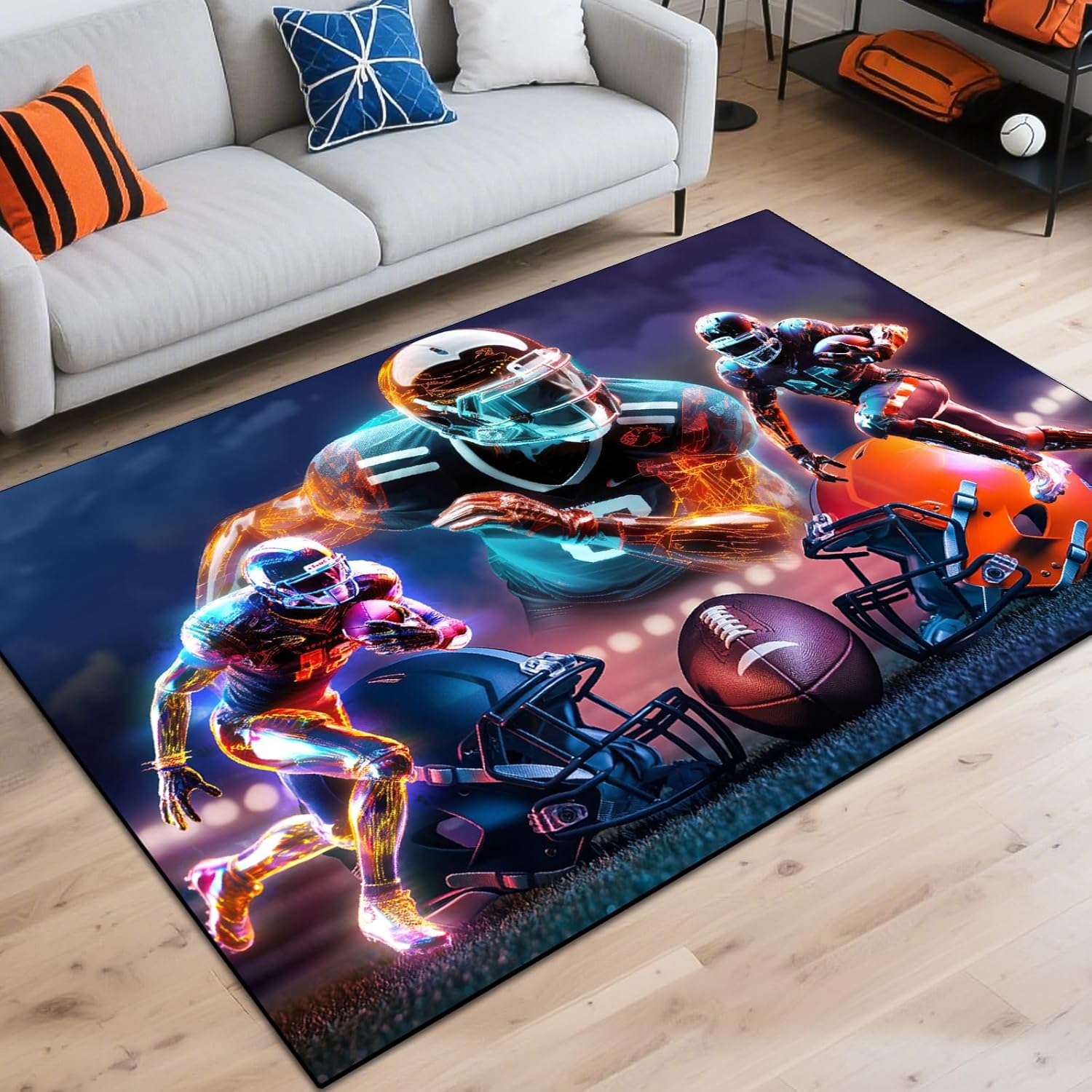 Washable Game Area Rug, Sports Ball Design Gaming Teen Carpet Rug Doormat, Non-Slip Low-Pile Floor Carpet for Computer Bedroom Indoor Front Entrance Living Room Office (Basketball 1, 79" x 59")